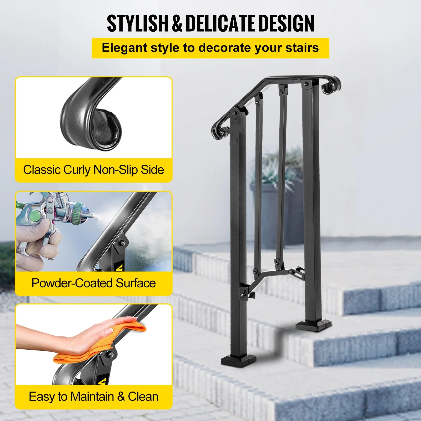 BENTISM Iron Handrail Picket Fits 1 or 2 Steps #1 RAILING Rail Paver Home Black
