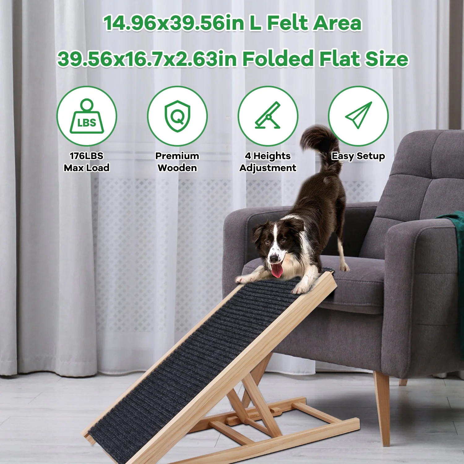 Adjustable Folding Wooden Pet Ramp, iMounTEK Portable Dog Cats Ramp for Bed and Car, Non Slip Dog Ramp with 2 Levels Height Adjustable for Couch Car SUV, Up to 61LBS Load - L