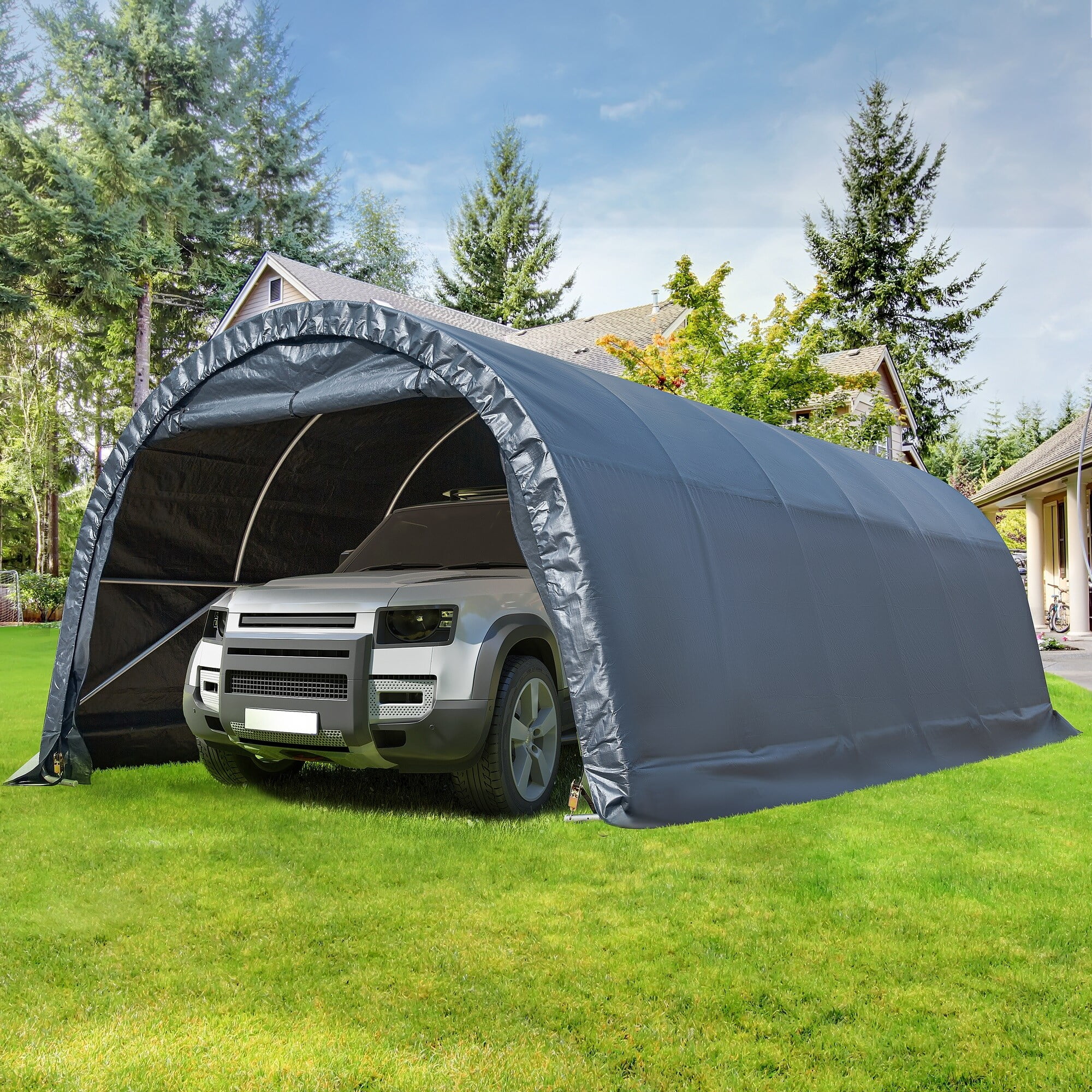 Erommy Portable Garage, Heavy Duty Carport with All-Steel Metal Frame and Round Style Roof 12' x 24' - Black