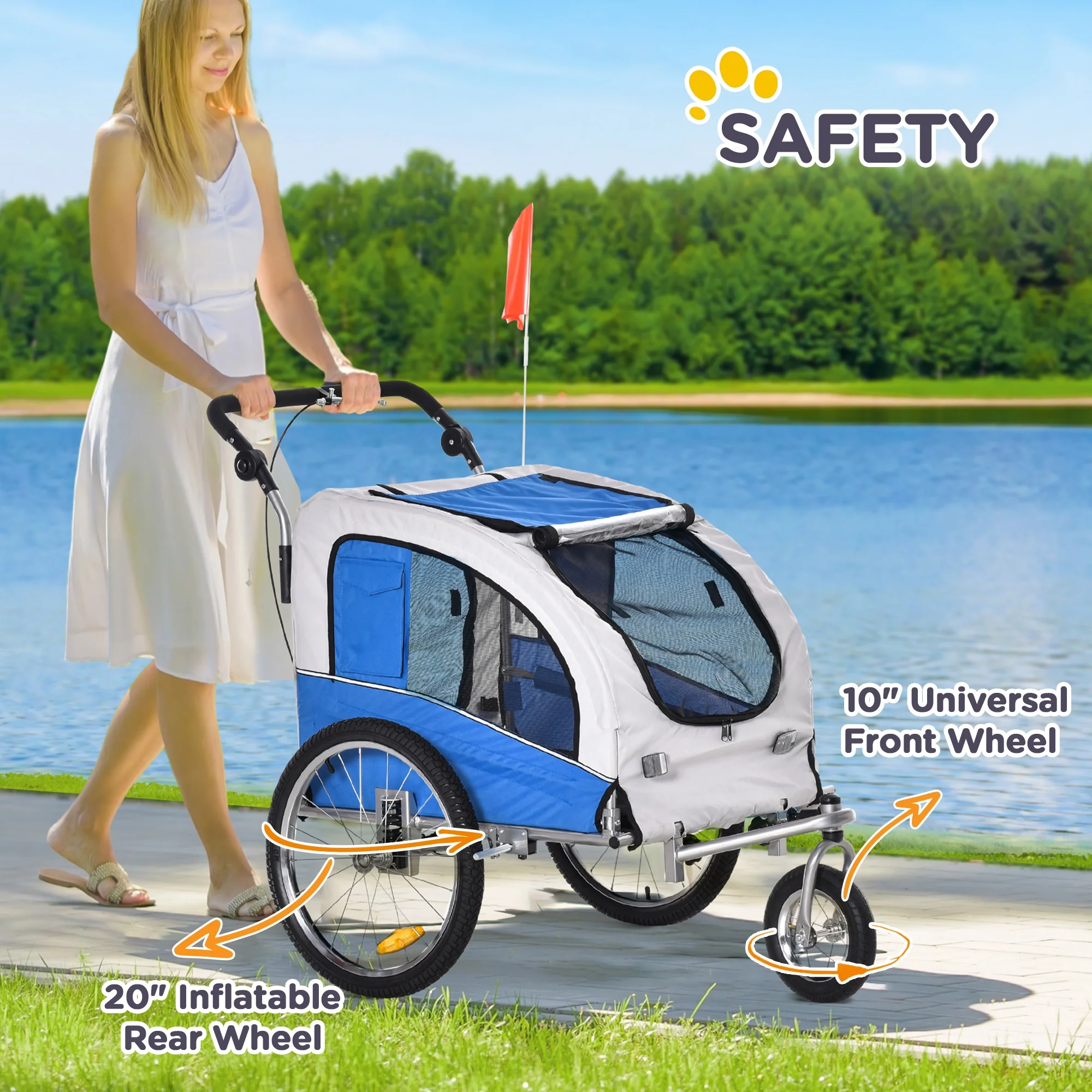 Aosom Dog Bike Trailer 2-In-1 Pet Stroller with Canopy and Storage Pockets, Blue
