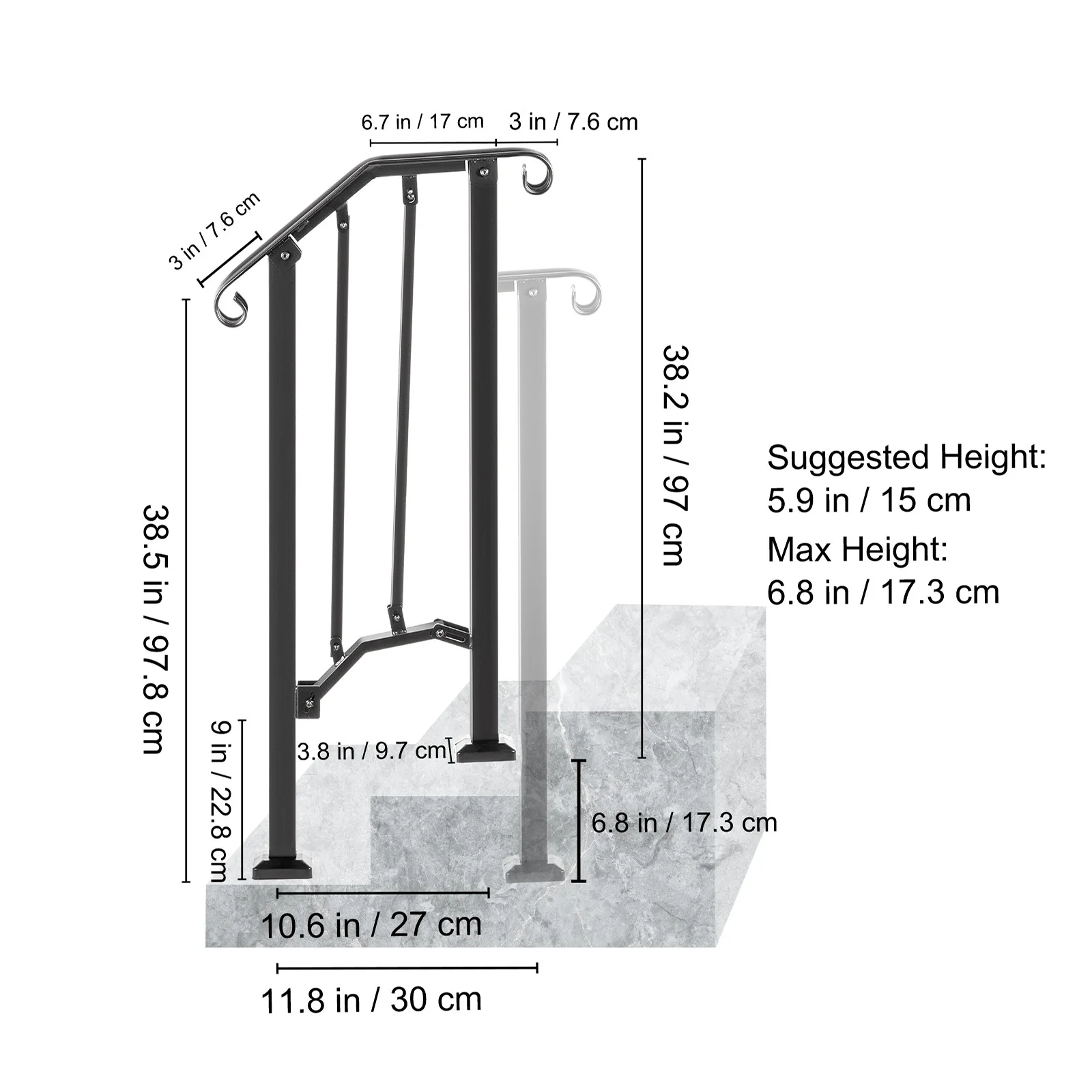 BENTISM Iron Handrail Picket Fits 1 or 2 Steps #1 RAILING Rail Paver Home Black