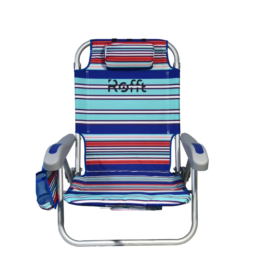 ROFFT Beach Chair Aluminum Lightweight 6 Positions Lay Flat Folding Backpack Camping Chair with Cooler Cup Holder Storage Pouch and Phone Holder Bed Position Built-in Towel bar (Rainbow Stripe Short)