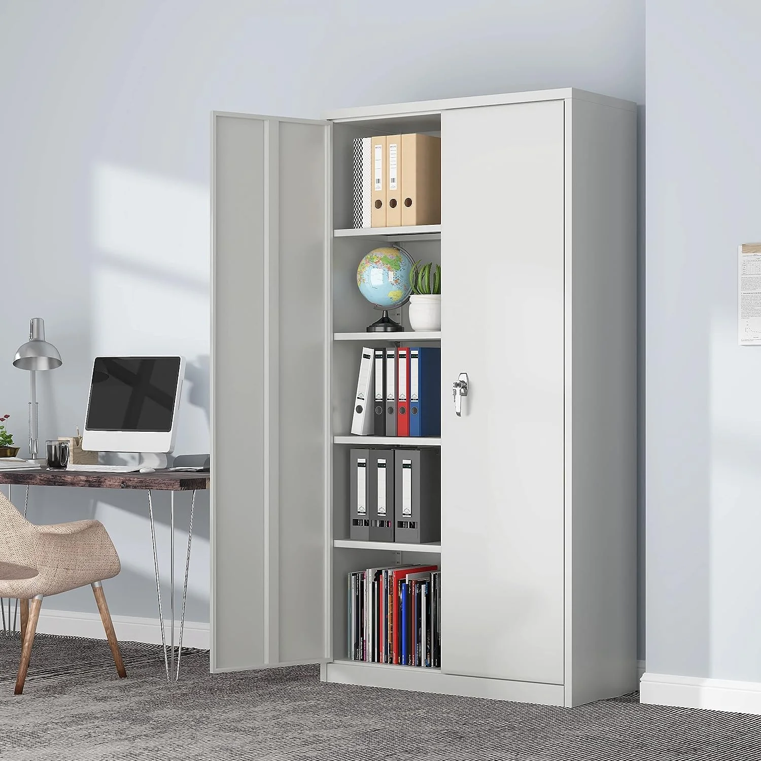 Metal Storage Cabinet with 2 Door and 4 Adjustable Shelves, 71 inch Tall Steel Cabinet for Warehouse, Garage, Home, Office,Easy Assemble Required(Gery)