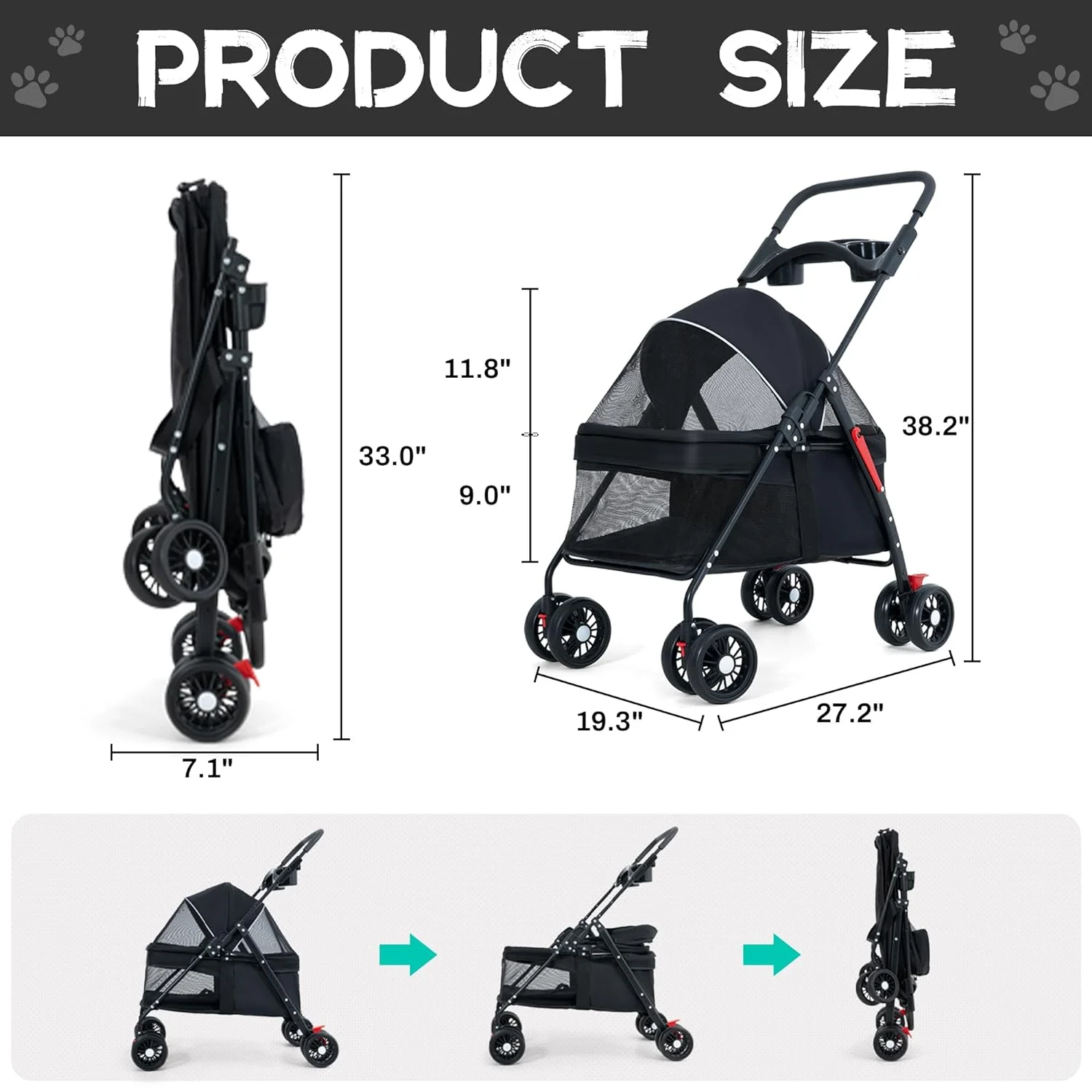Foldable Pet Stroller, COLLIFORD Pet Strolling Cart for Dog Cat, Breathable and Visible Mesh for All-Season