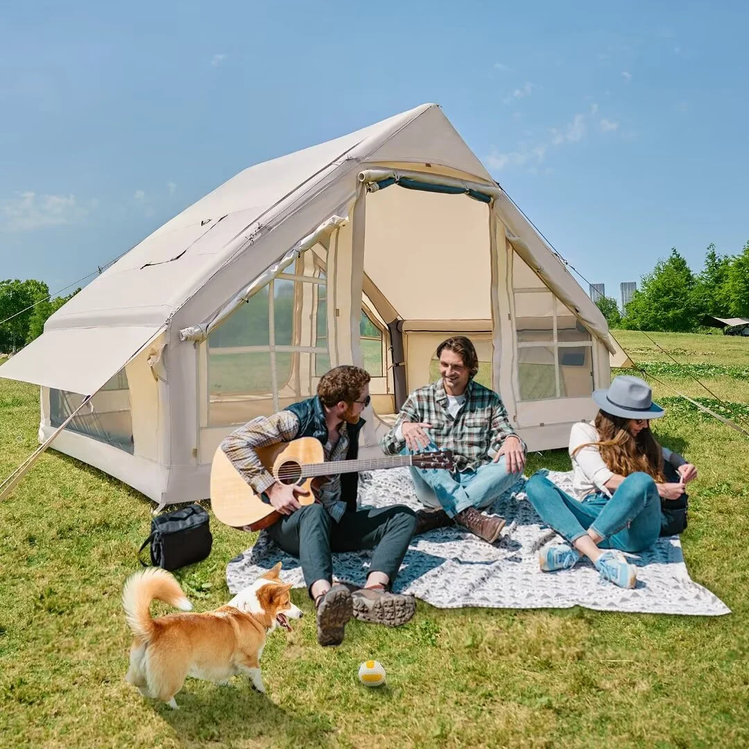 Docred Inflatable Glamping Tent with Pump, 4-6 Person Extra Large Inflatable House Tents ,Glamping Tents Sun Shelter with Mesh & Chimney Window