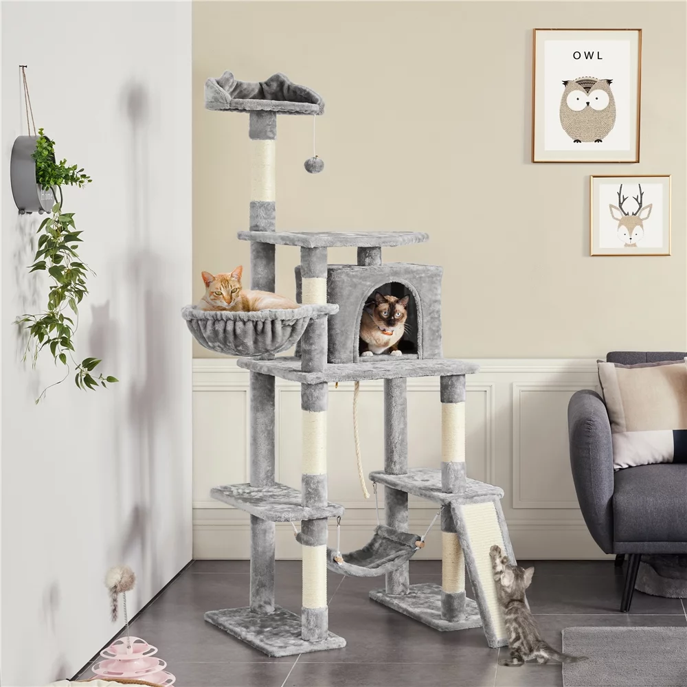 Easyfashion 69.5-inch Cat Tree Cat Activity Center with Scratching Post Tunnel Light Gray