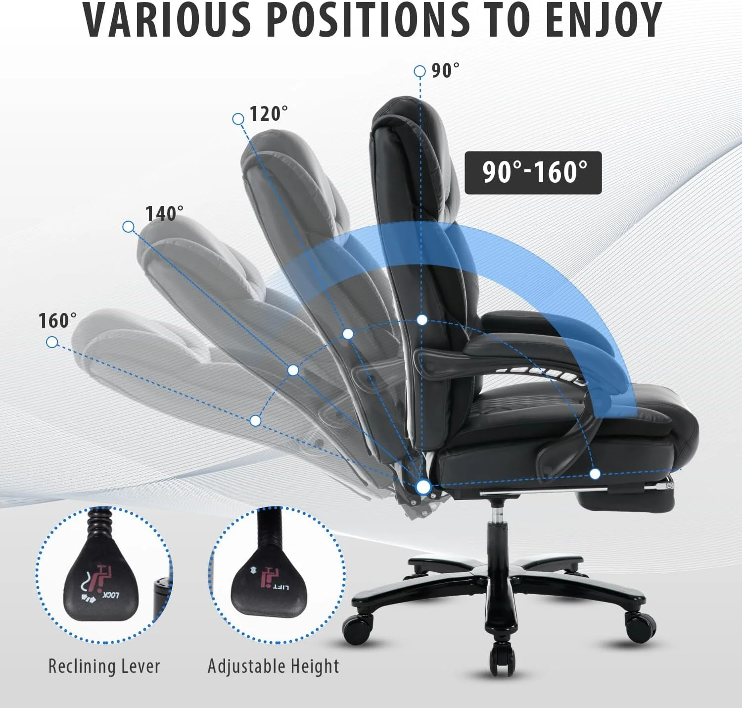 450lbs Big and Tall Reclining Office Chairs with Footrest & Lumbar Support, PU Leather Ergonomic Managerial Executive Chair with Wheels, Plus Size Recliner Desk Chair (Grey)