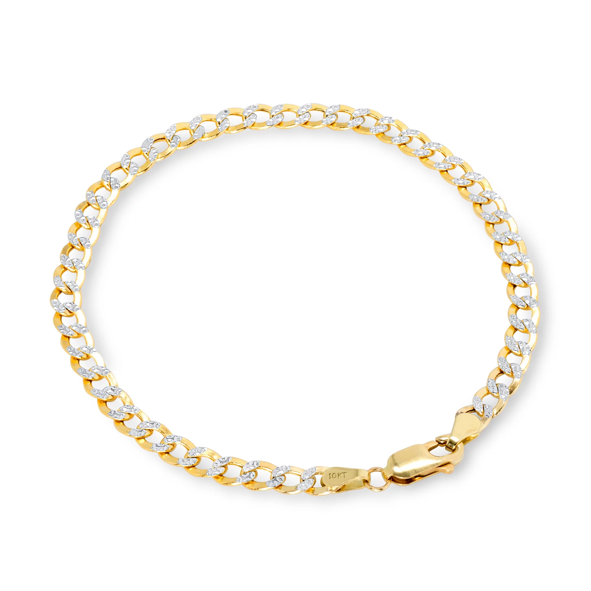 Nuragold 10k Yellow Gold 4.5mm Cuban Chain Curb Link Diamond Cut Pave Two Tone Bracelet, Mens Womens Jewelry 7