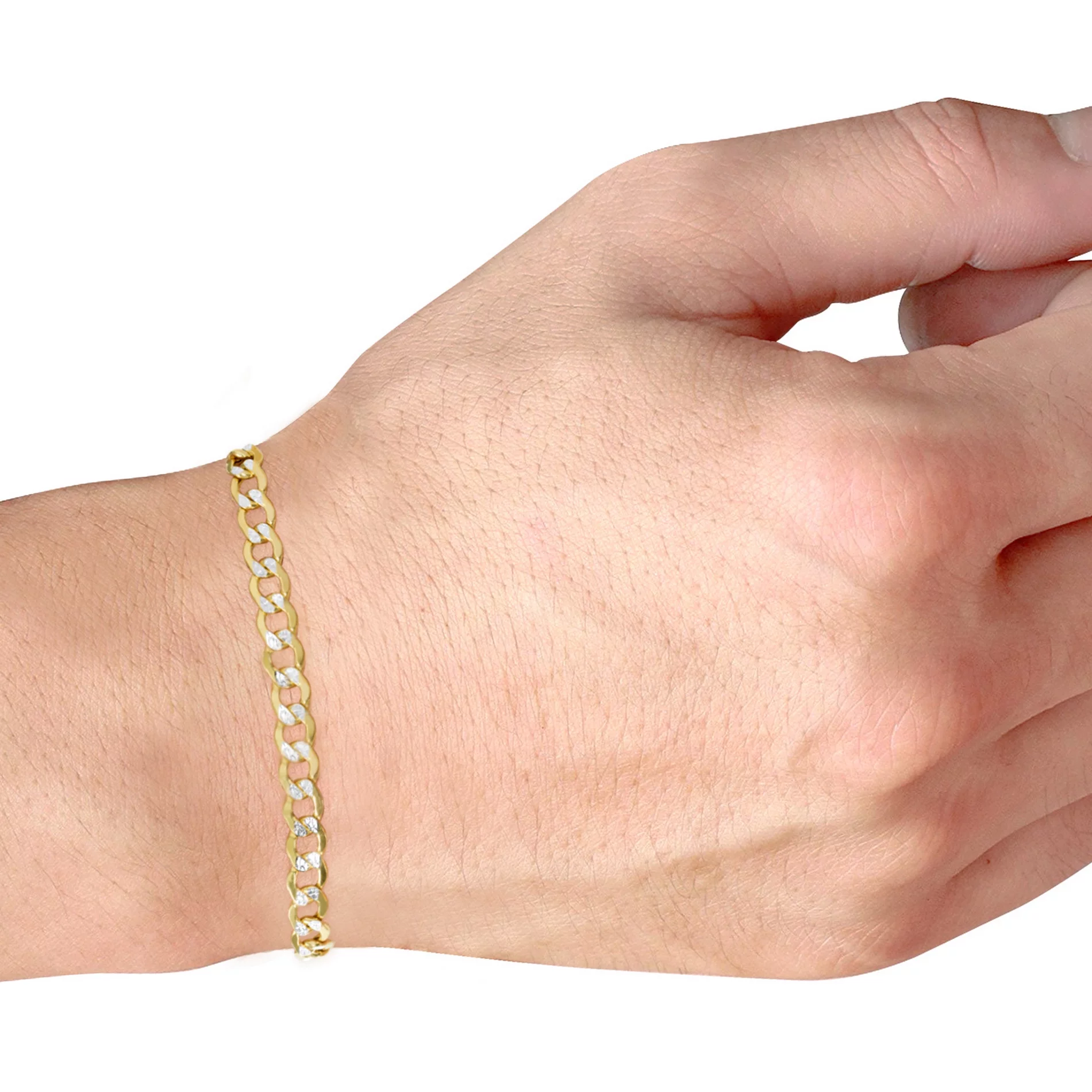 Nuragold 10k Yellow Gold 4.5mm Cuban Chain Curb Link Diamond Cut Pave Two Tone Bracelet, Mens Womens Jewelry 7