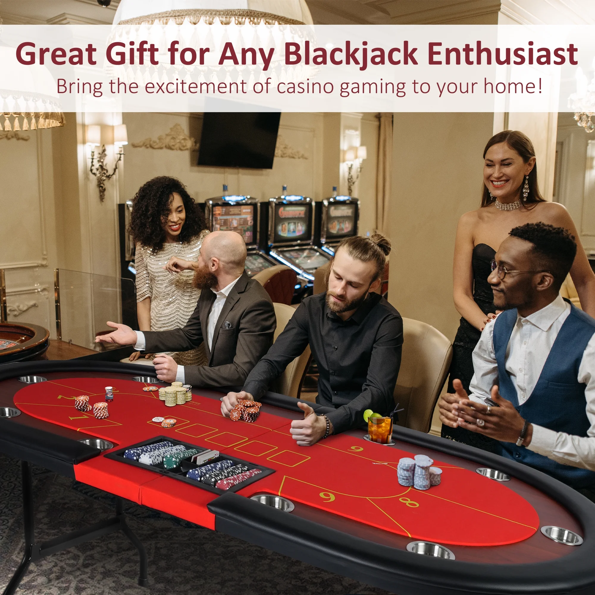 10 Player Foldable Poker Table with Cup Holders, Portable Texas Blackjack Holdem Poker Table with Chip Tray, Folding Casino Leisure Card Board Game Table with Padded Rails, Stylish Red Design