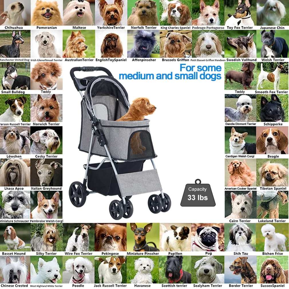 Pet Stroller 4 Wheel with Storage Basket and Cup Holder Foldable Lightweight Trolley for Small Medium Cats & Dogs-Gray