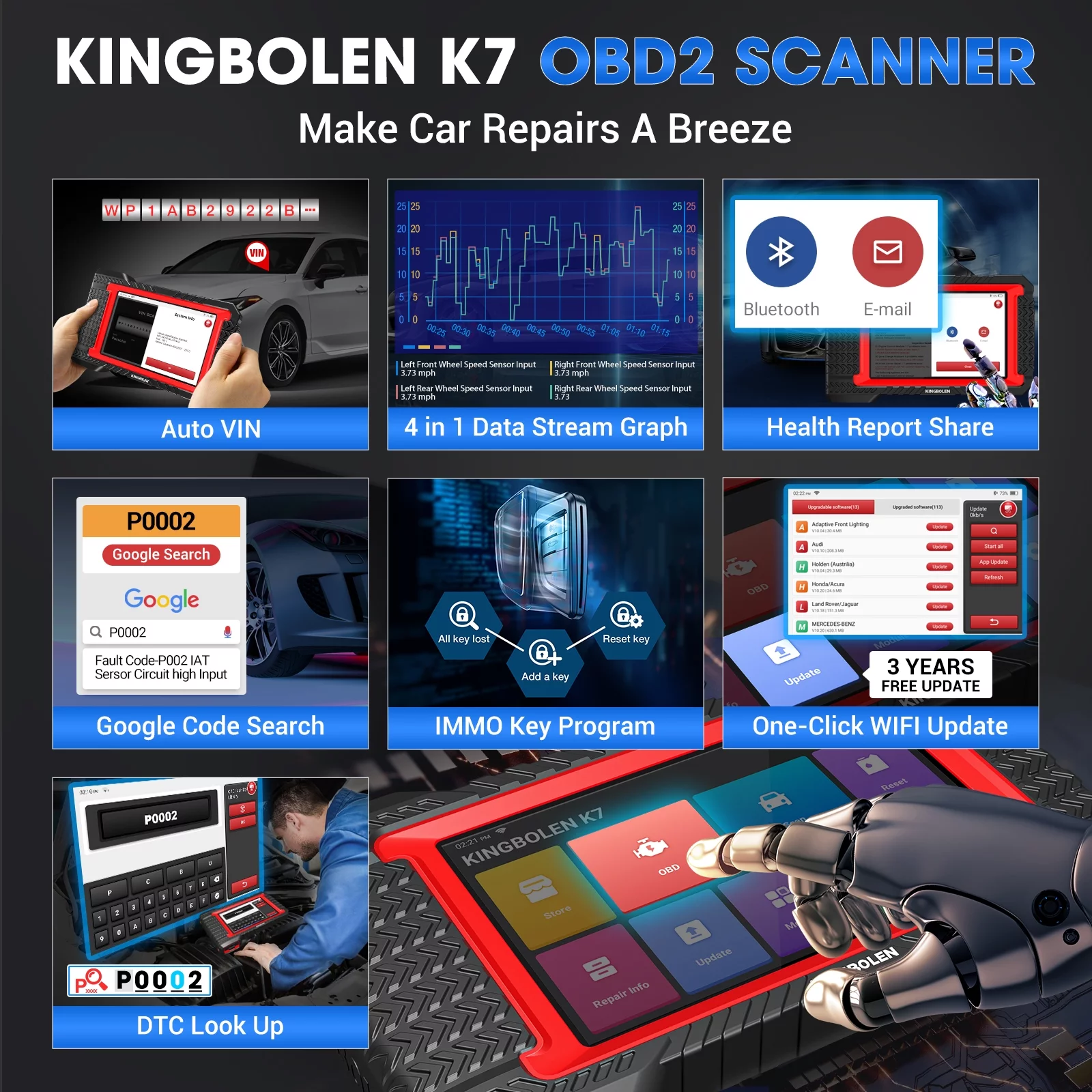KINGBOLEN K7 Car Scan Tool, OE-Level Full System Automotive Bidirectional Diagnostic Scanner, 28+ Services, ECU Coding, 3 Years Free Update