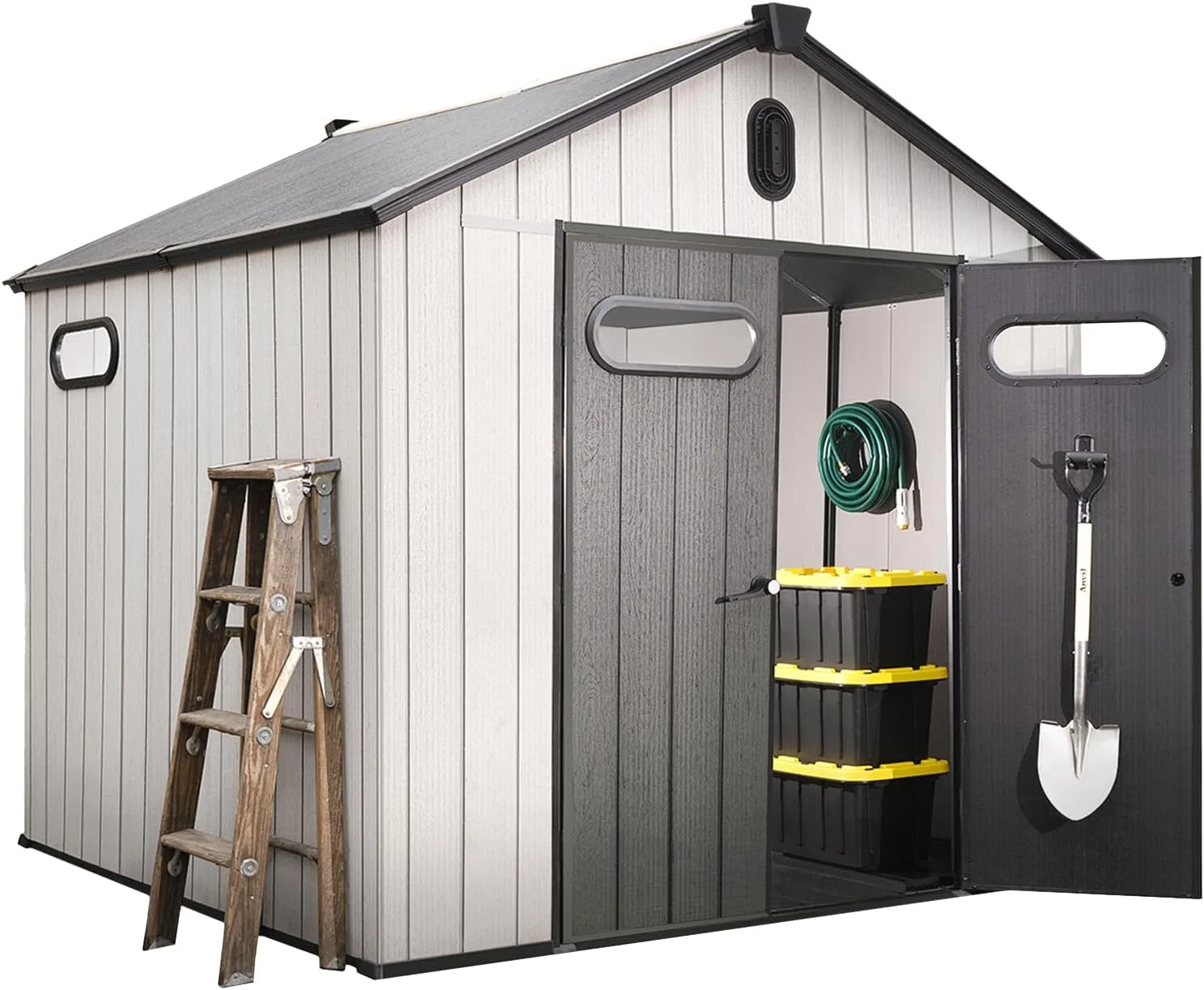 EconoHome 8x8 Ft Outdoor Storage Shed with Floor - Heavy-Duty Resin - Waterproof Shed with Lockable Door for Garden - Backyard, Tool Storage Use - Grey