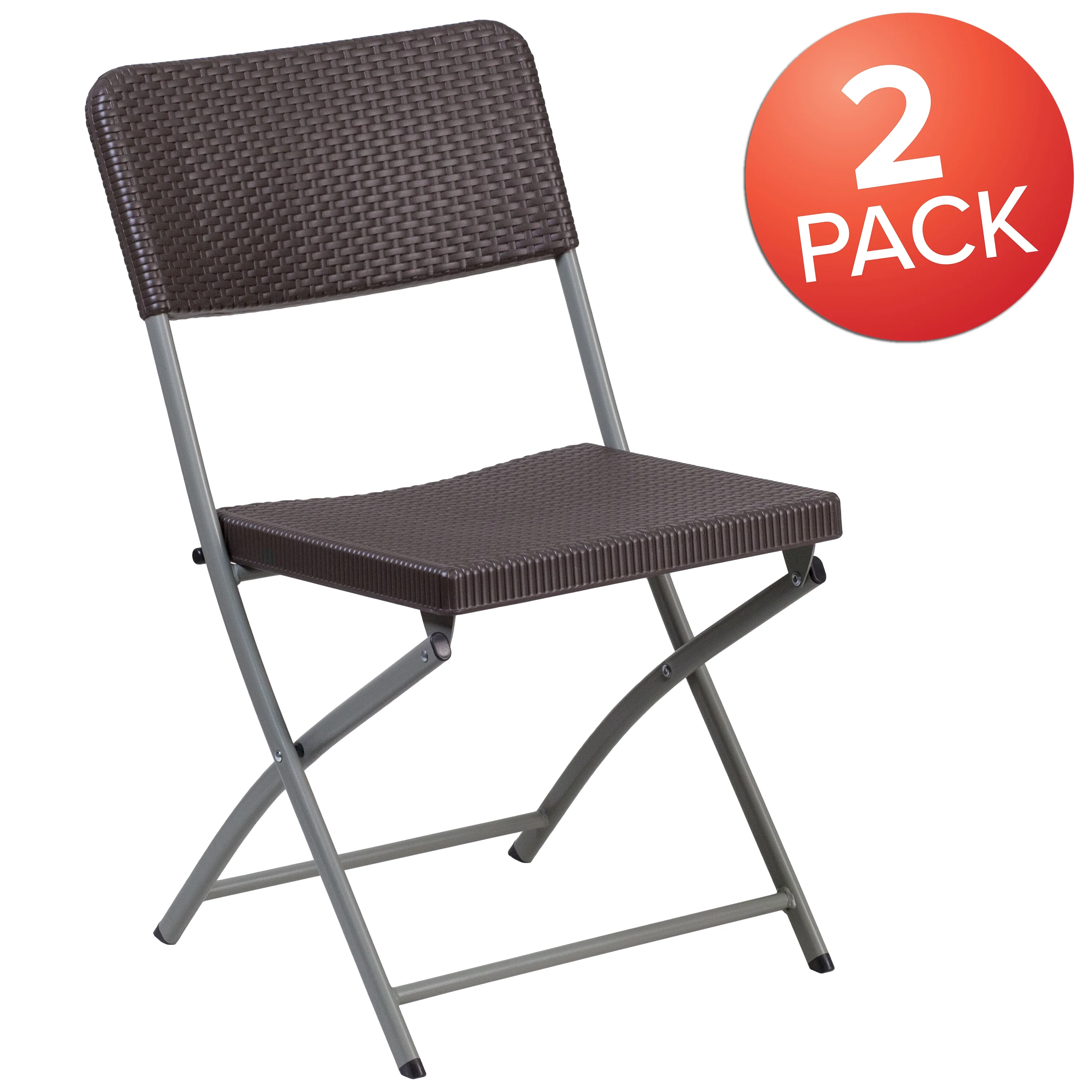 BizChair 2 Pack Brown Rattan Plastic Folding Chair with Gray Frame