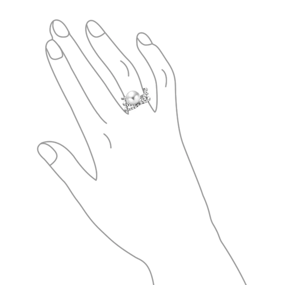 Bling Jewelry Criss Cross Pave CZ Solitaire White Imitation Pearl Statement Ring