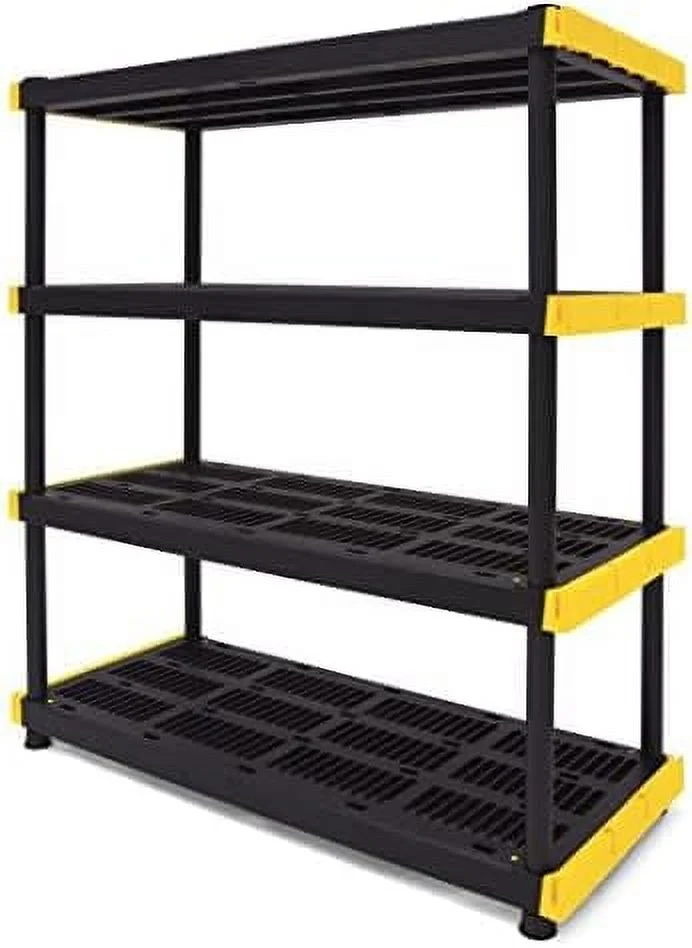 Black & Yellow®, 4-Tier Heavy Duty Plastic Storage Shelving Unit, 200lbs/shelf (55”H x 48”W x 20”D), for Indoor/Outdoor Organization, Modular Rack