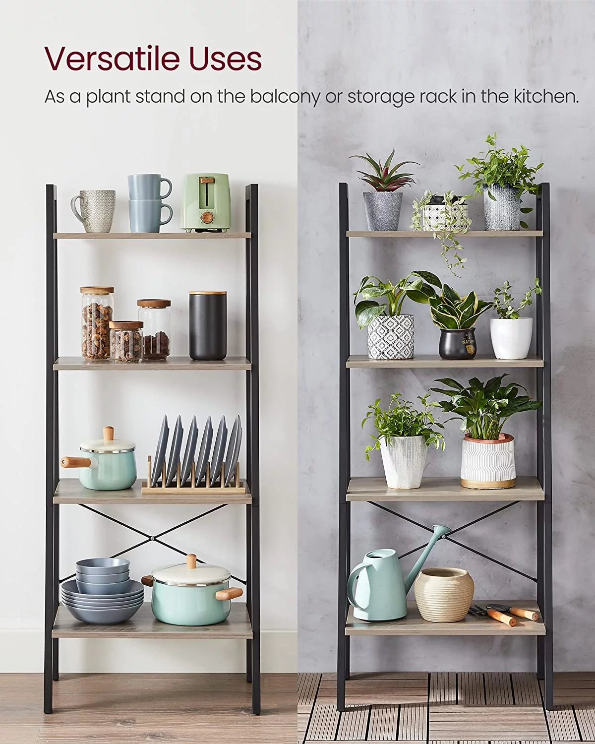 U-SHARE Ladder Shelf, 4-Tier Bookshelf, Storage Rack, Bookcase with Steel Frame, for Living Room, Home Office, Kitchen, Bedroom, Industrial Style, Camel Brown and Black ULLS144B50