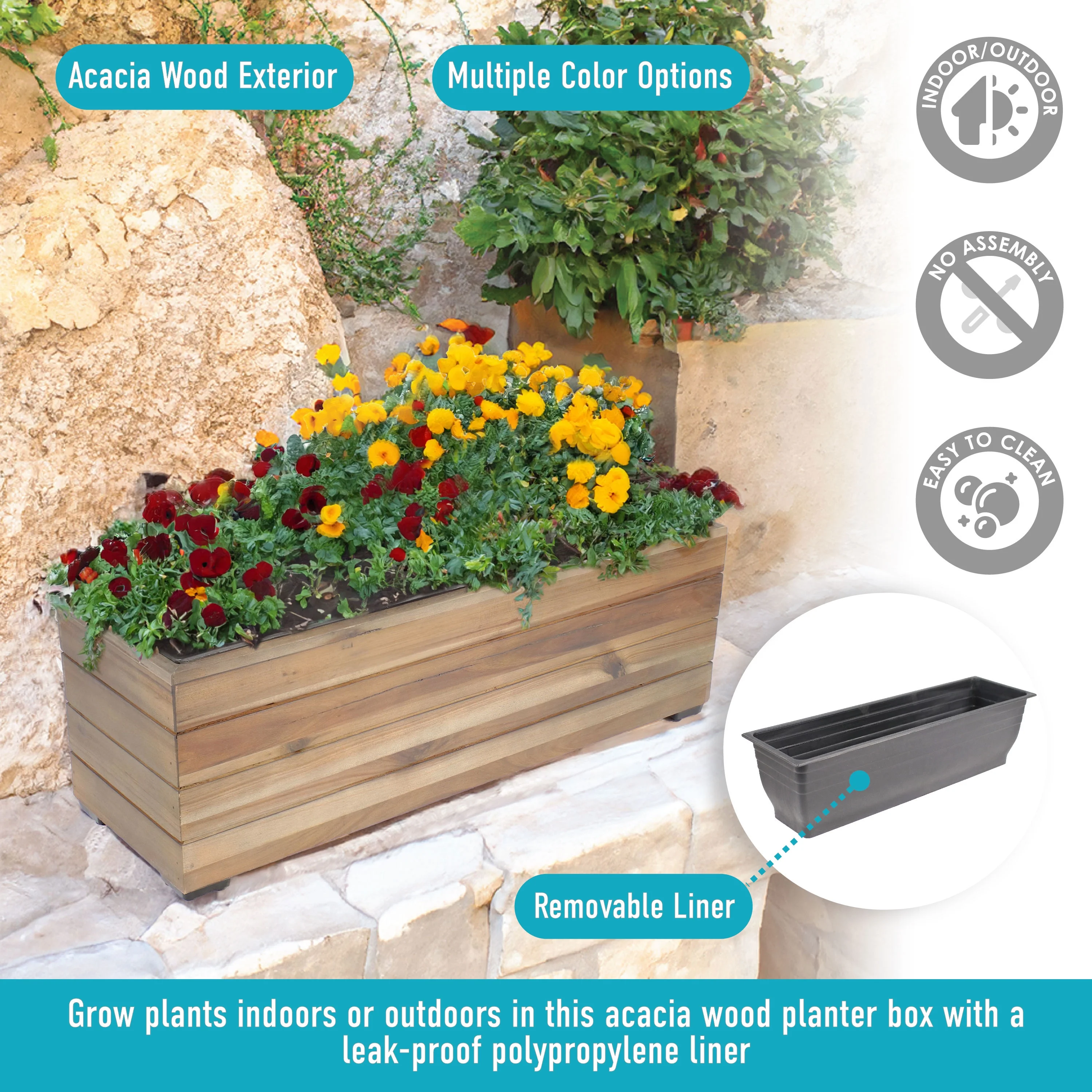 Sunnydaze Rectangular Wood Planter Box with Plastic Liner - Anthracite Stain