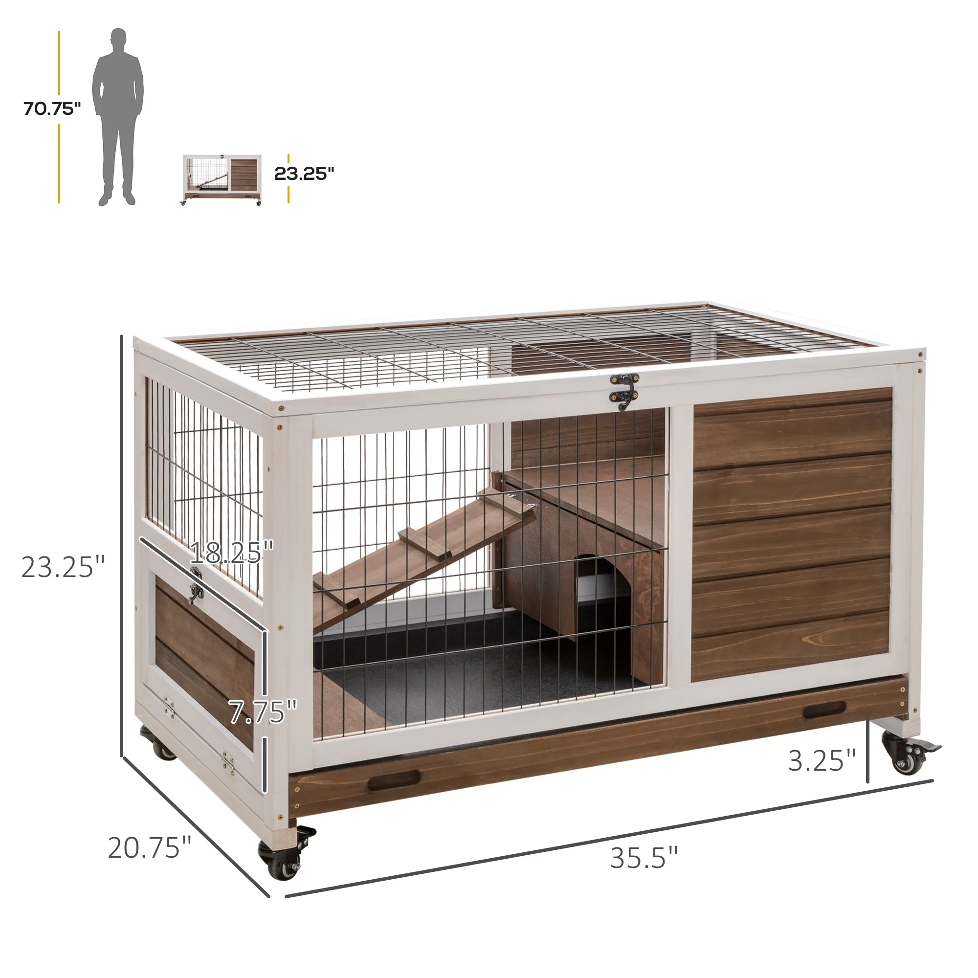 PawHut Wooden Rabbit Hutch Indoor Elevated Cage Habitat with No Leak Tray Enclosed Run with Wheels, Ideal for Rabbits and Guinea Pigs, Brown