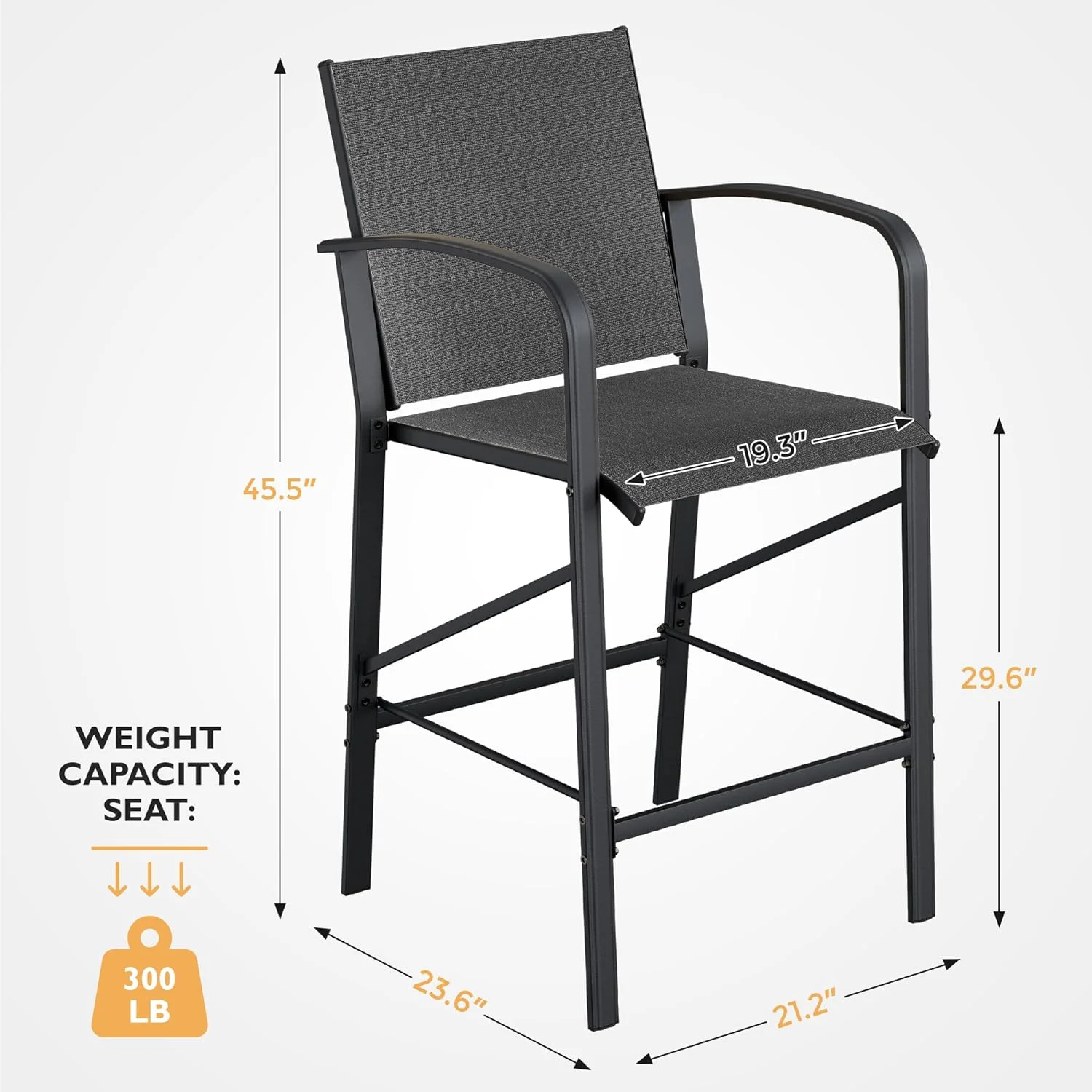UDPATIO Patio Bar Chairs Set of 2, Outdoor Bar Height Stools, Metal Frame Textilene Tall Barstool with Backs Armrest, High Top Seating for Porch, Deck, Garden, Backyard, Pool, Grey