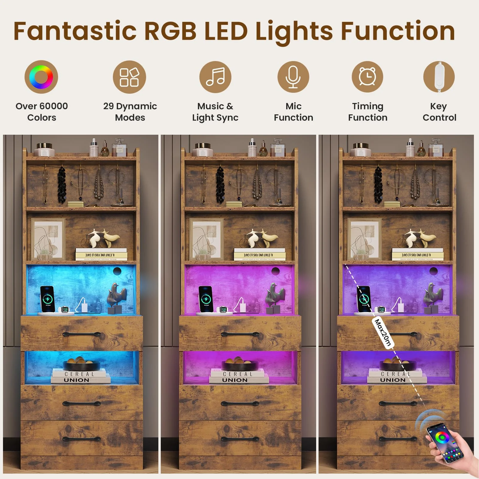 Tall Nightstand Set of 2 with Charging Station and LED Lights, Modern Bedside Table with Bookshelf and 3 Drawers, Rustic Brown