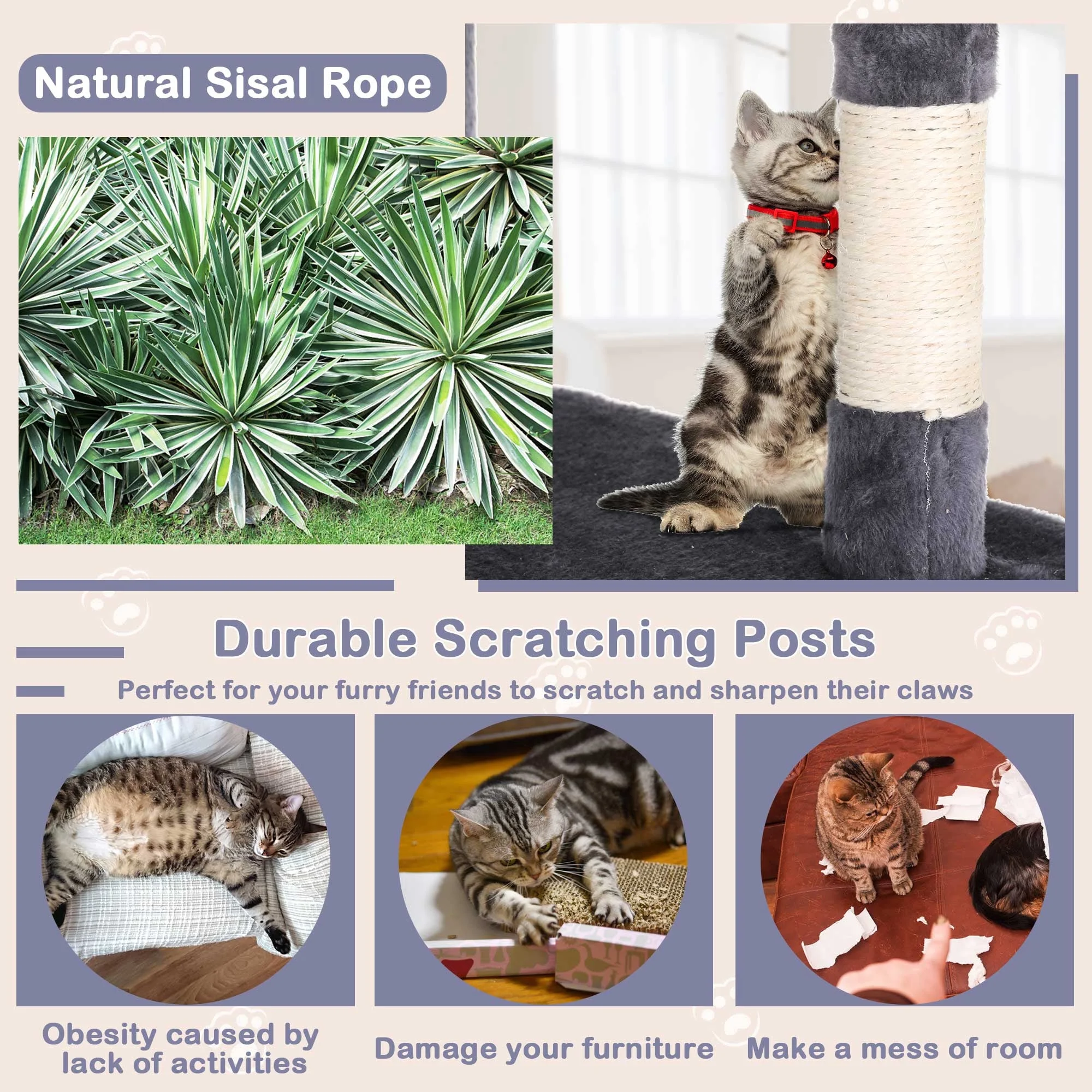 CL.HPAHKL 54In Cat Tree Tower for Large Cats, Cat Climbing Tower Cat Scratching Tree with Cat Scratching Stand, Big Cat Tree House Funny Toys for Kittens Pet(Ashy)