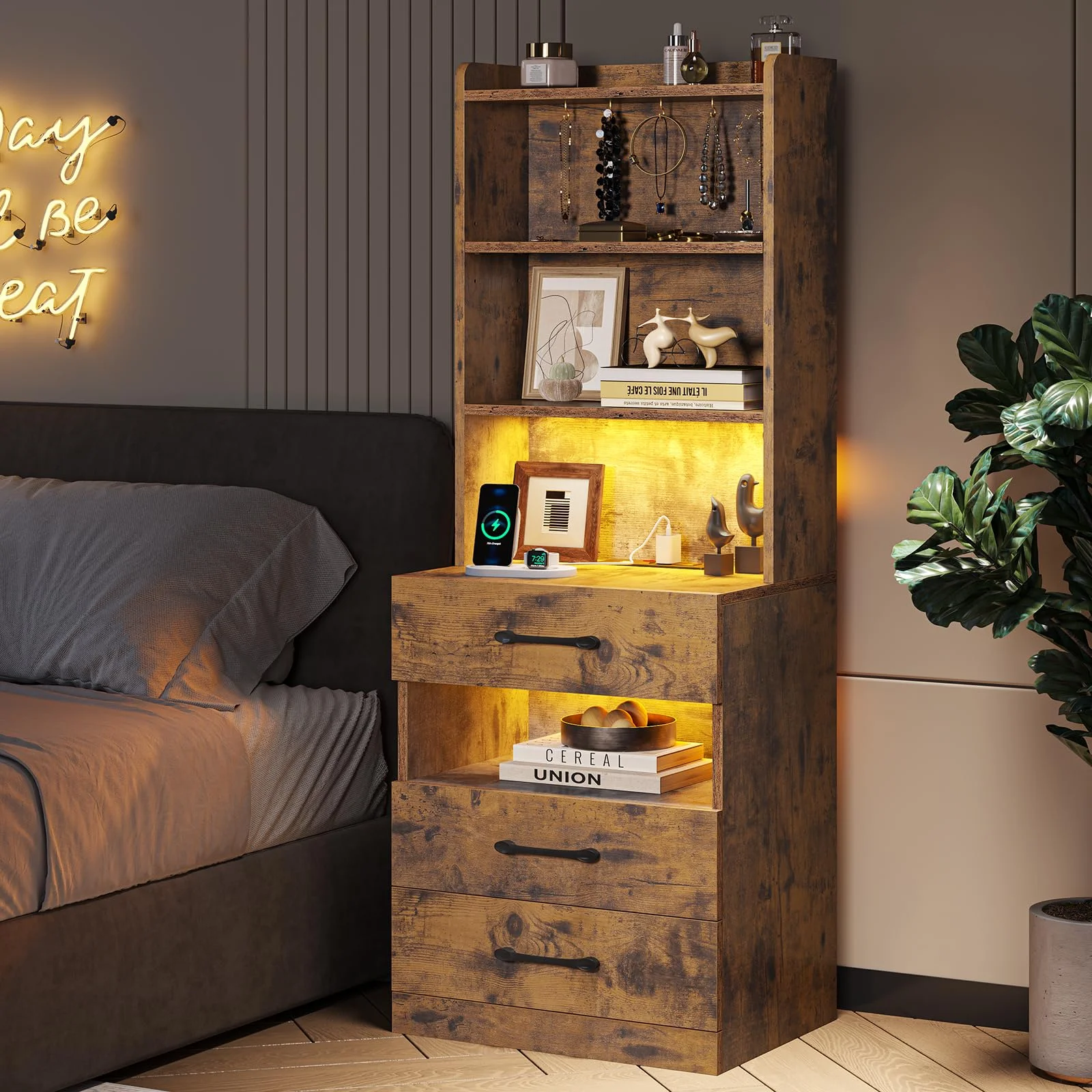 Tall Nightstand Set of 2 with Charging Station and LED Lights, Modern Bedside Table with Bookshelf and 3 Drawers, Rustic Brown