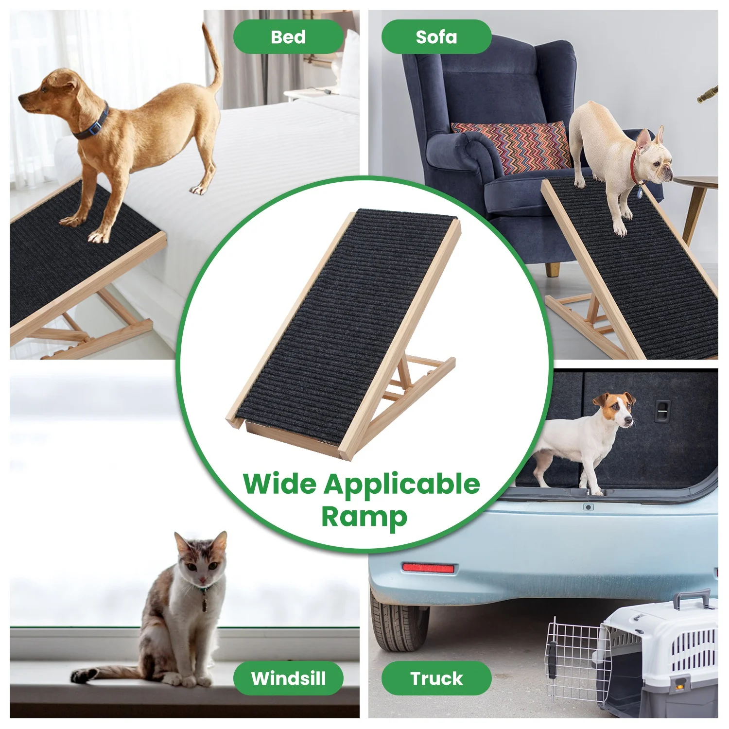 Adjustable Folding Wooden Pet Ramp, iMounTEK Portable Dog Cats Ramp for Bed and Car, Non Slip Dog Ramp with 2 Levels Height Adjustable for Couch Car SUV, Up to 61LBS Load - L