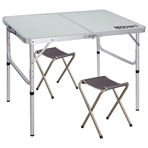 REDCAMP Folding Camping Table Adjustable, Portable Picnic Table with 2 Chairs, Aluminum White 35.4