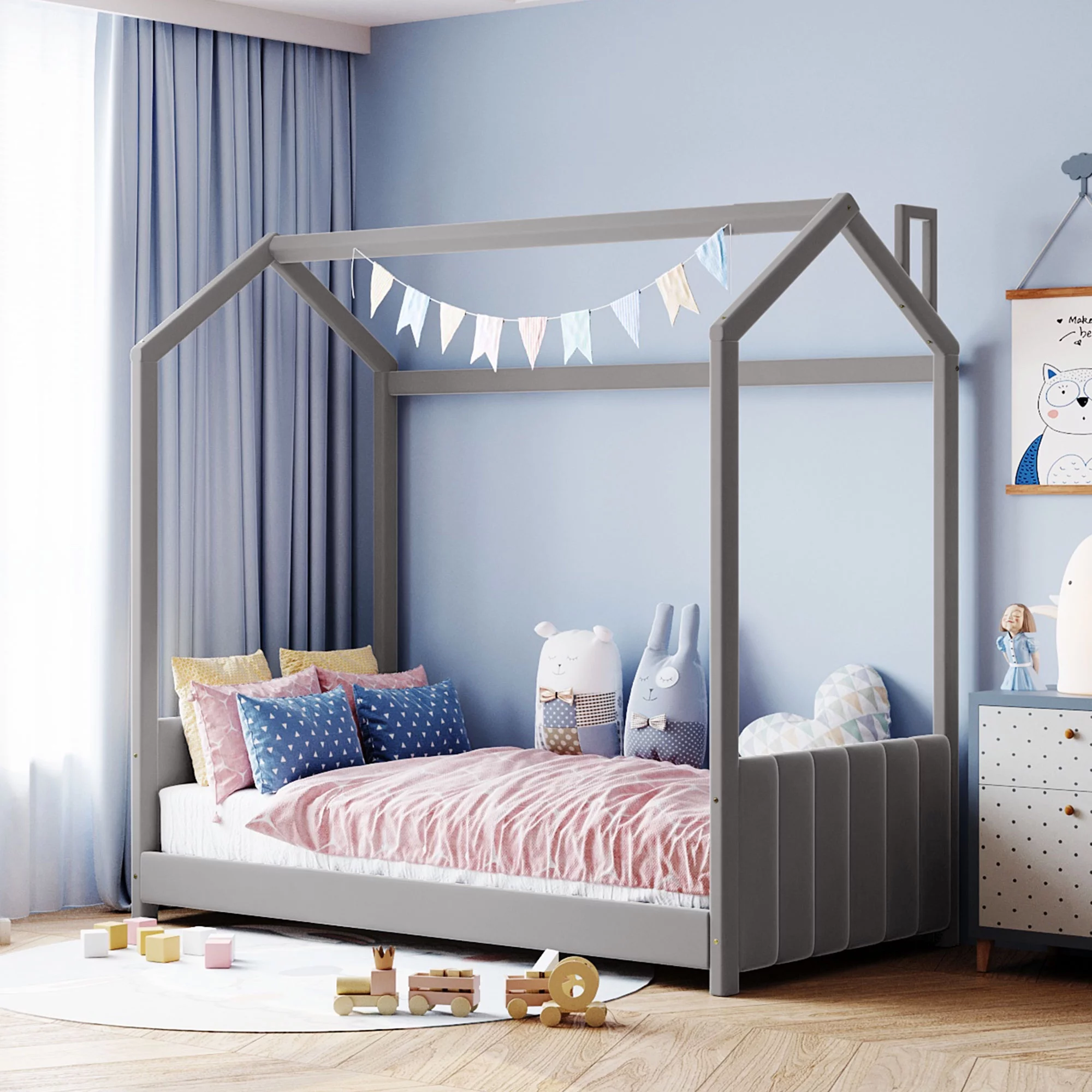 Bellemave Twin Size House Bed for Kids, Velvet Montessori Floor Bed with Headboard & Footboard, Twin Bed Frame for Toddlers Girls Boys (Twin, Grey)