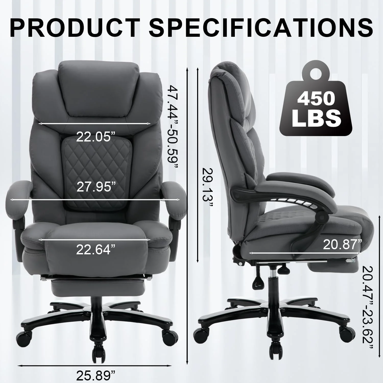 450lbs Big and Tall Reclining Office Chairs with Footrest & Lumbar Support, PU Leather Ergonomic Managerial Executive Chair with Wheels, Plus Size Recliner Desk Chair (Grey)