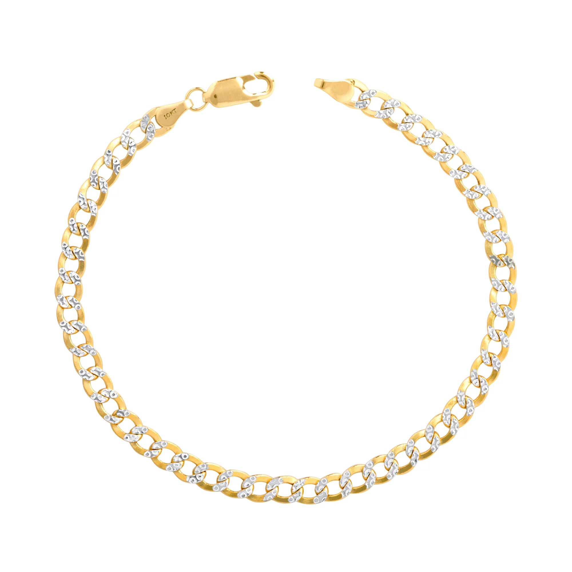 Nuragold 10k Yellow Gold 4.5mm Cuban Chain Curb Link Diamond Cut Pave Two Tone Bracelet, Mens Womens Jewelry 7