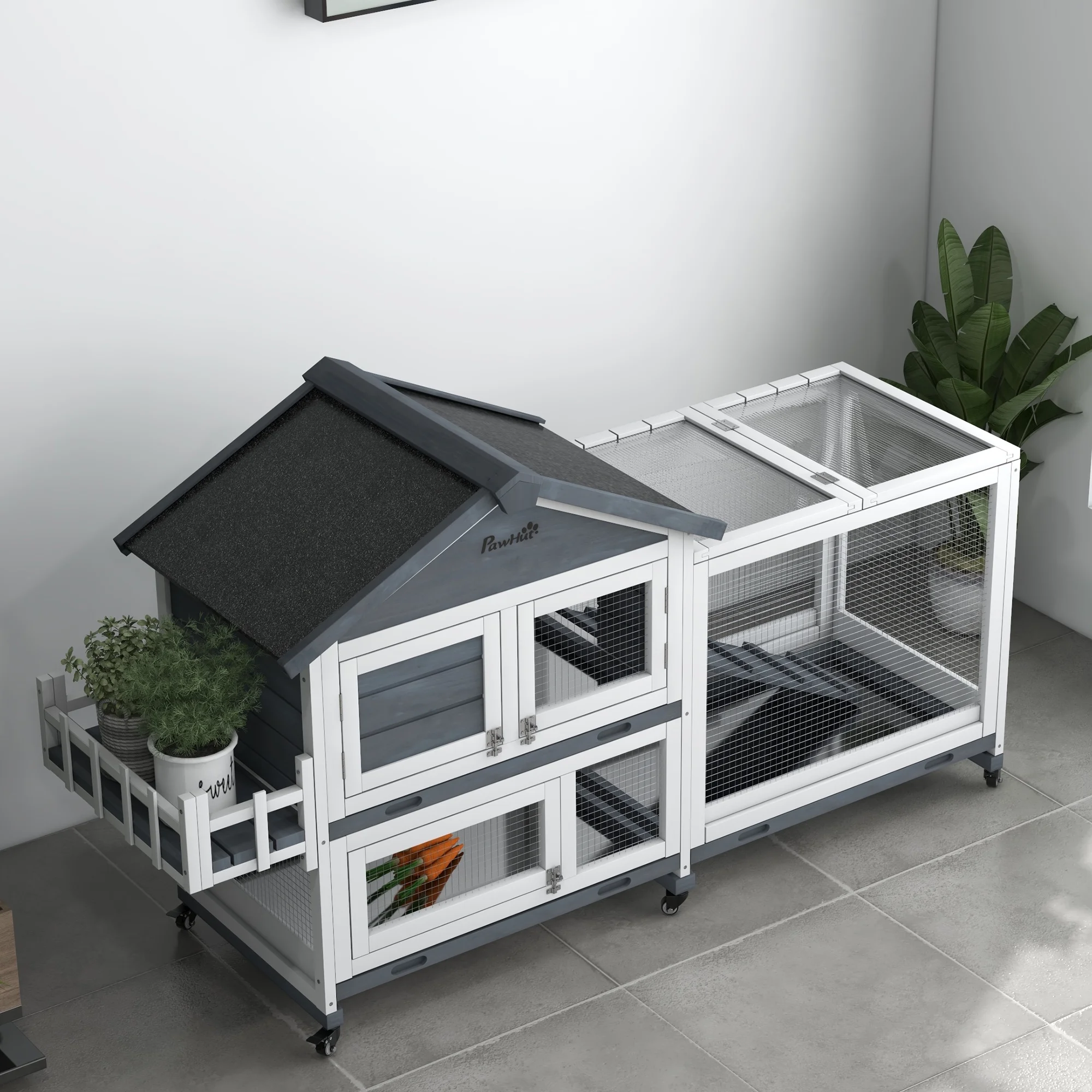 PawHut Wooden Rabbit Hutch with Wheels, Openable Roof, Storage Box, Gray