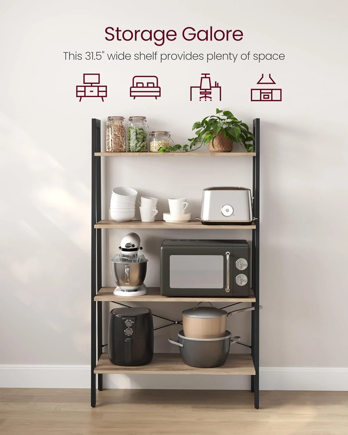 U-SHARE Ladder Shelf, 4-Tier Bookshelf, Storage Rack, Bookcase with Steel Frame, for Living Room, Home Office, Kitchen, Bedroom, Industrial Style, Camel Brown and Black ULLS144B50