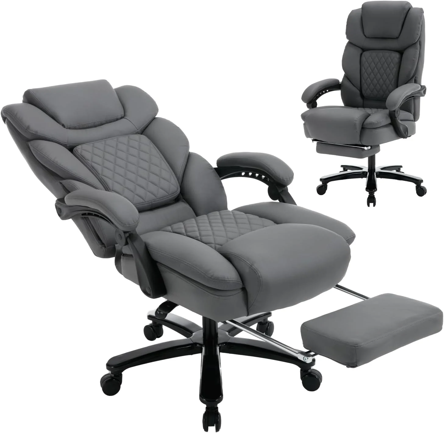 450lbs Big and Tall Reclining Office Chairs with Footrest & Lumbar Support, PU Leather Ergonomic Managerial Executive Chair with Wheels, Plus Size Recliner Desk Chair (Grey)