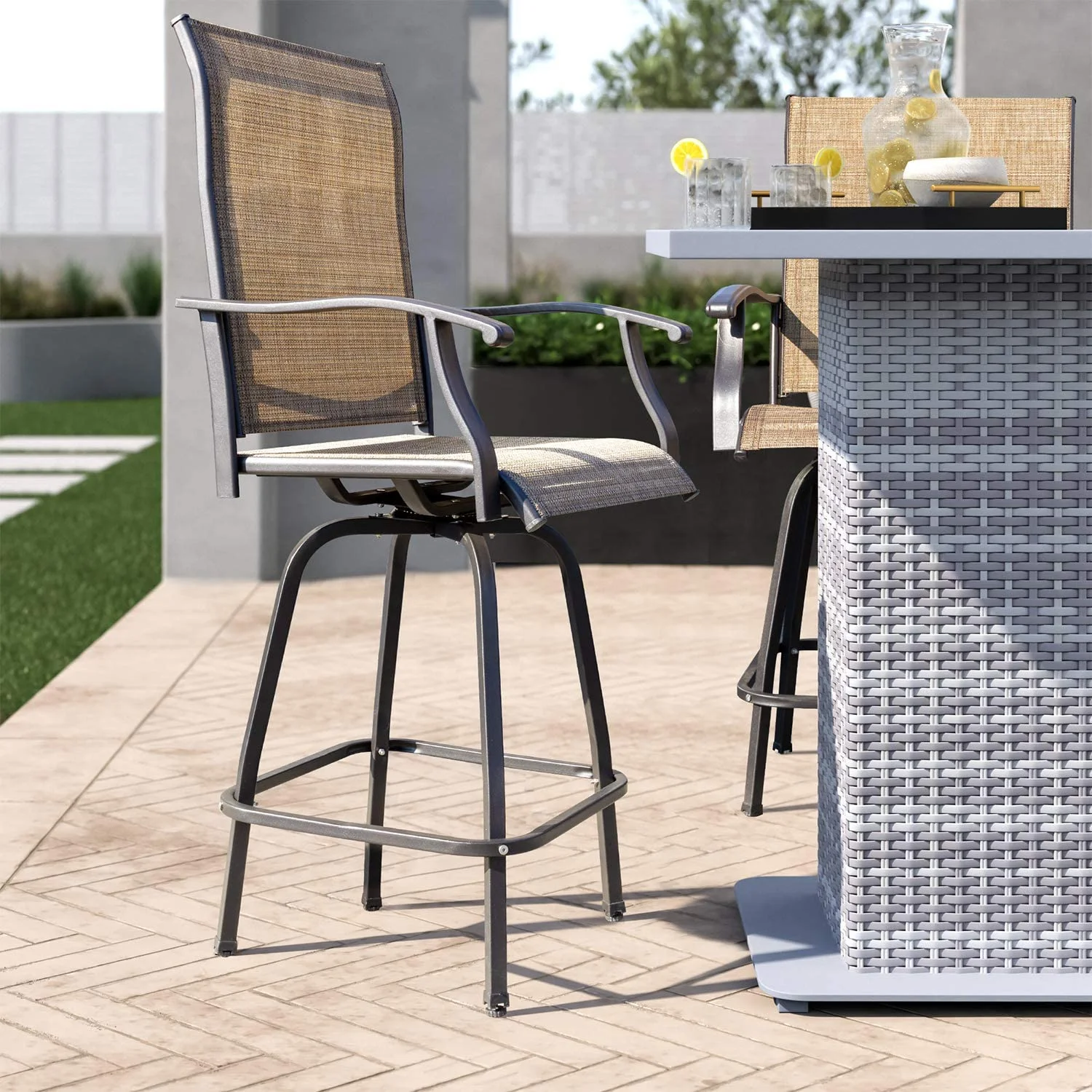 Patio Bar Stools Set of 2 All-Weather Outdoor Patio Furniture Set Counter Height Tall Patio Swivel Chairs for Bistro, Lawn, Garden, Backyard