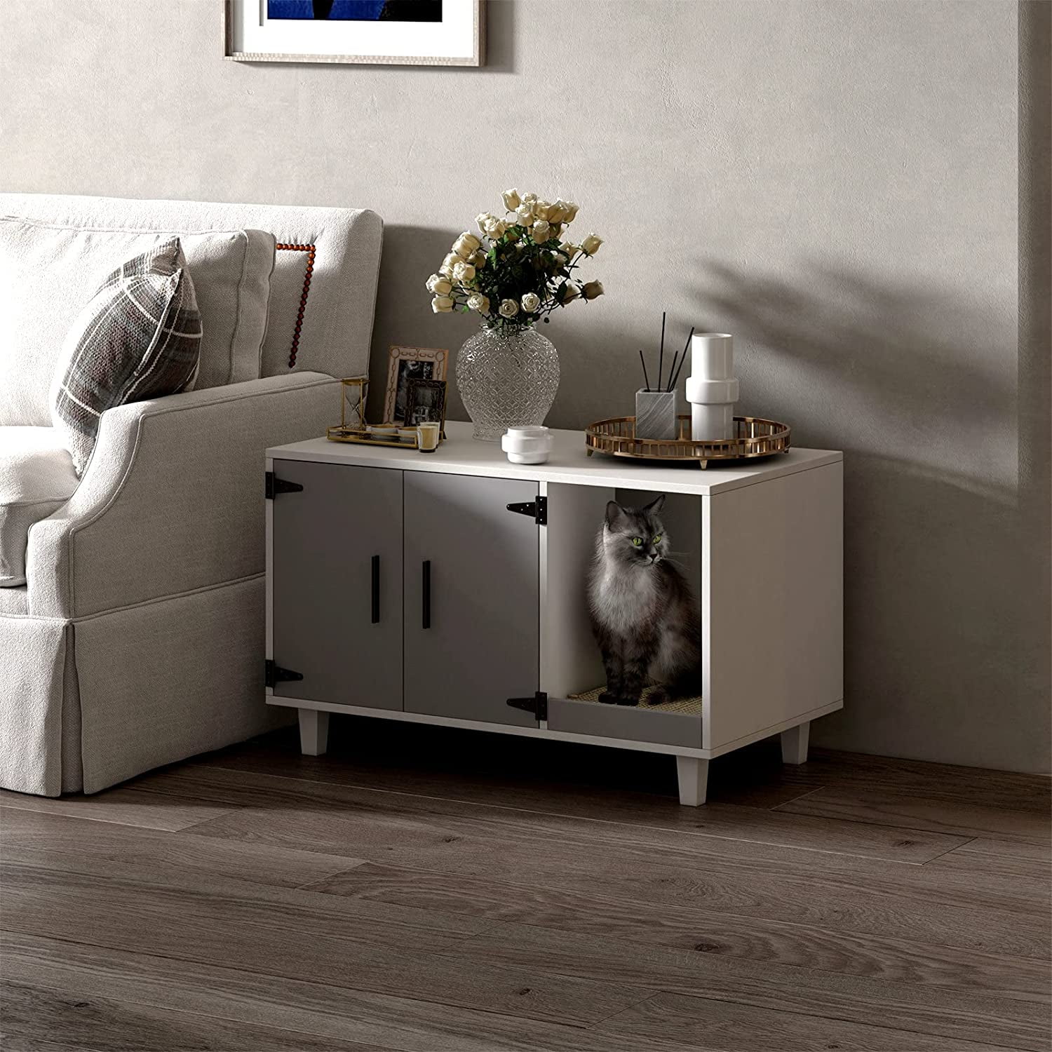 GDLF Pet Crate Cat Washroom Hidden Litter Box Enclosure  as Table Nightstand with Scratch Pad,Stackable