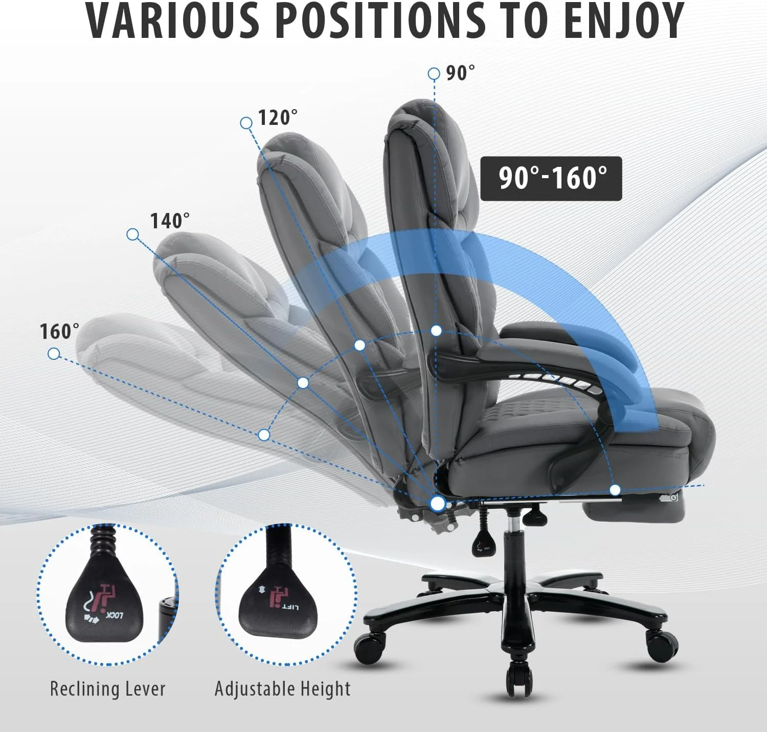 450lbs Big and Tall Reclining Office Chairs with Footrest & Lumbar Support, PU Leather Ergonomic Managerial Executive Chair with Wheels, Plus Size Recliner Desk Chair (Grey)