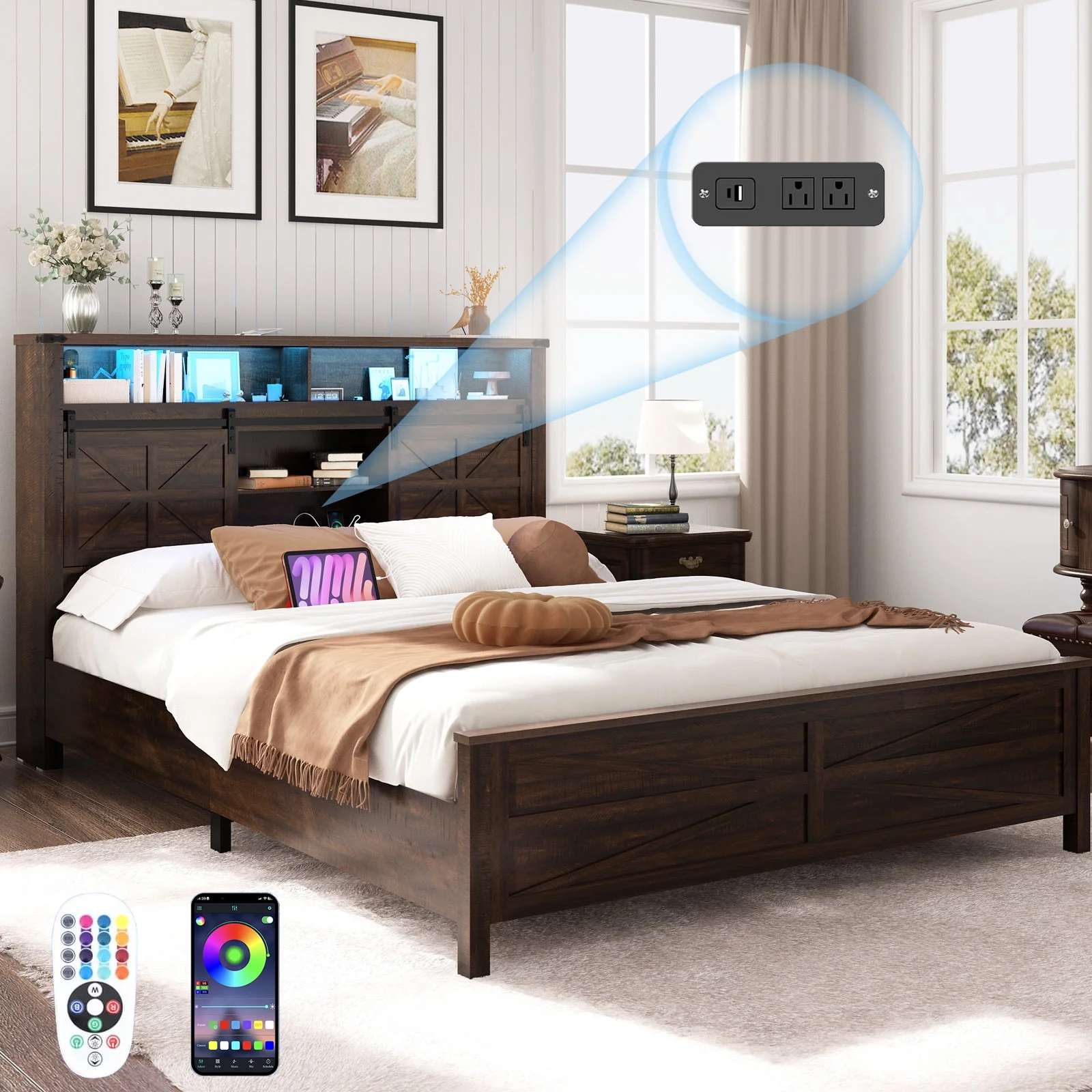 Farmhouse Queen Size Bed Frame with LED Light & Charging Station, Sliding Barn Door Platform Bed with Storage Headboard & Bookcase & Tall Footboard(Brown)