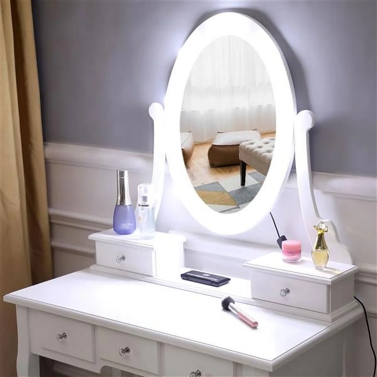 SYTHERS White Vanity Set Dressing Table with Removed LED Mirror and Cushion Stool and 5 Drawers for Adult Girls