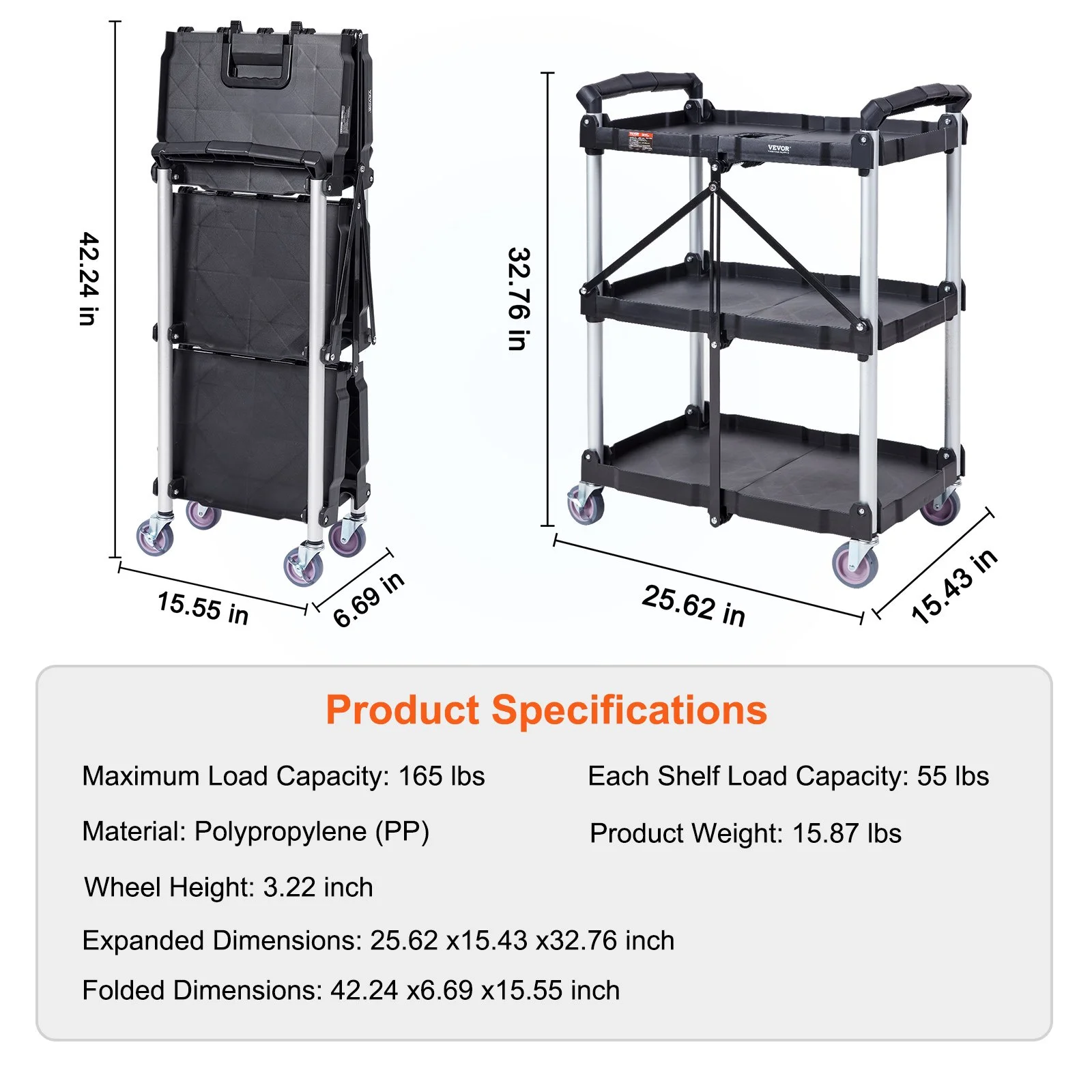 EVOR 3-Shelf Rolling Utility Cart - 165LBS Capacity, Foldable, Lockable Wheels, for Warehouse, Office, Home - 25.6x15.4x32.8 inches