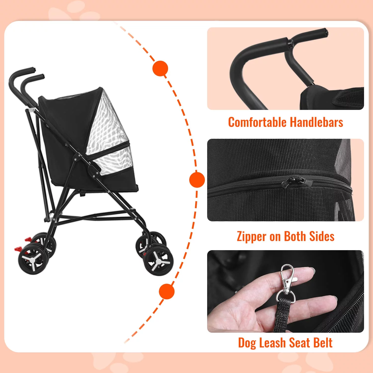 Pet Stroller Dog Cat Stroller with Handlebars Canopy Breathable Mesh & Leash Seat Belt Foldable Puppy Stroller for Small Medium Dogs Cats,Black