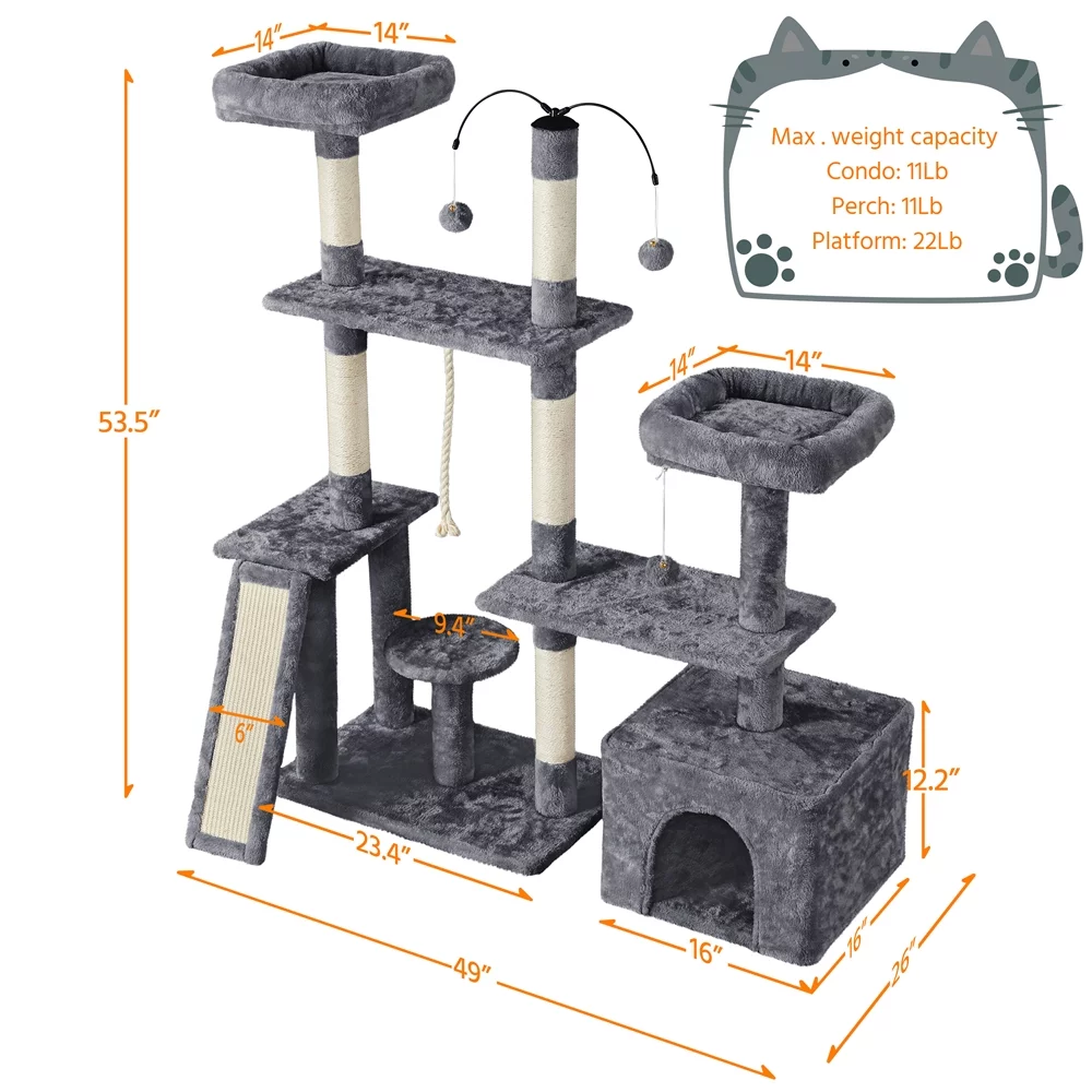 Easyfashion Multilevel Plush Cat Tree with Dangling Balls for Cats and Kittens, Dark Gray