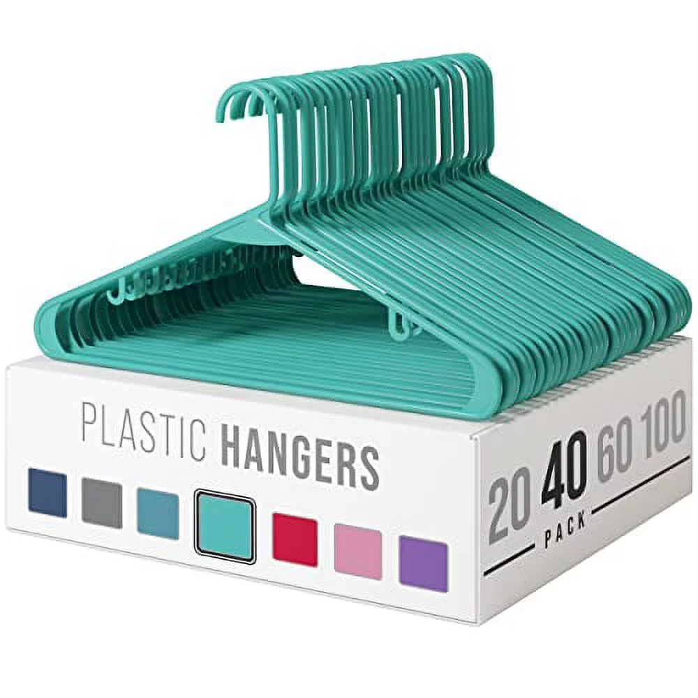 Plastic Clothes Hangers (20, 40, 60, 100 Packs) Heavy Duty Durable Coat and Clothes Hangers | Vibrant Color Hangers | Lightweight Space Saving Laundry Hangers (40 Pack - Aqua)