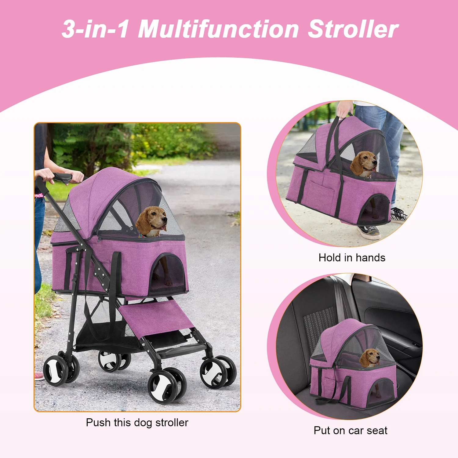 YRLLENSDAN Pet Stroller Premium 3-in-1 Multifunction Dog Cat Jogger Stroller for Medium Small Dogs Cats Folding Lightweight Travel Stroller with Detachable Carrier &Cup Holder (Purple, 4 Wheels)
