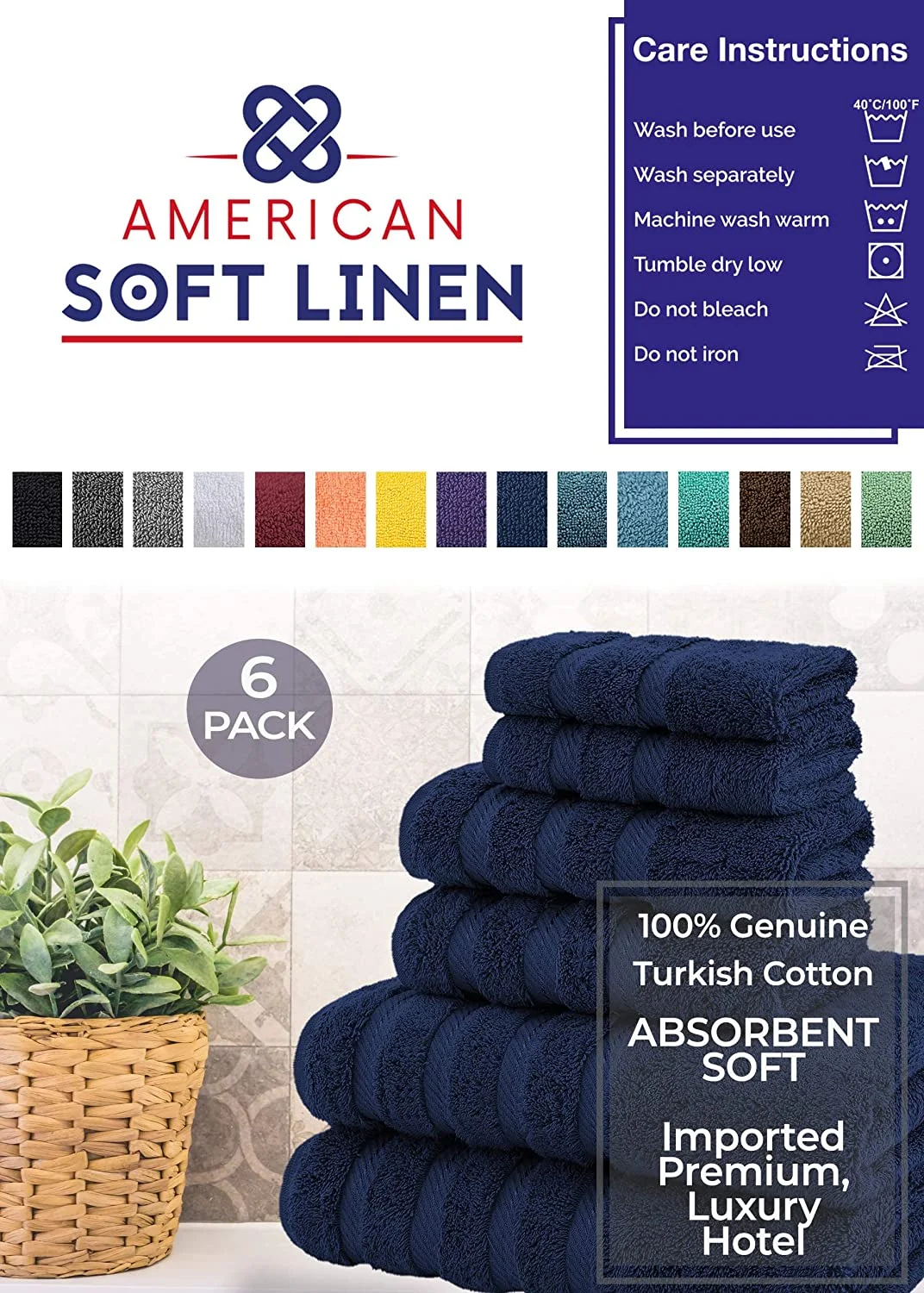 American Soft Linen Towel Set, 2 Bath Towels 2 Hand Towels 2 Washcloths Super Soft and Absorbent 100% Turkish Cotton Towels for Bathroom and Kitchen Shower Towel Navy Blue