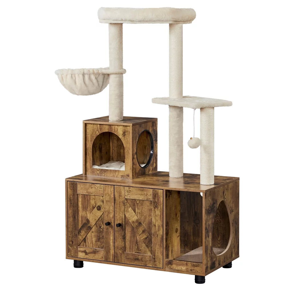 Easyfashion Wooden Litter Box Enclosure with Cat Tree Tower,Rustic Brown/Beige
