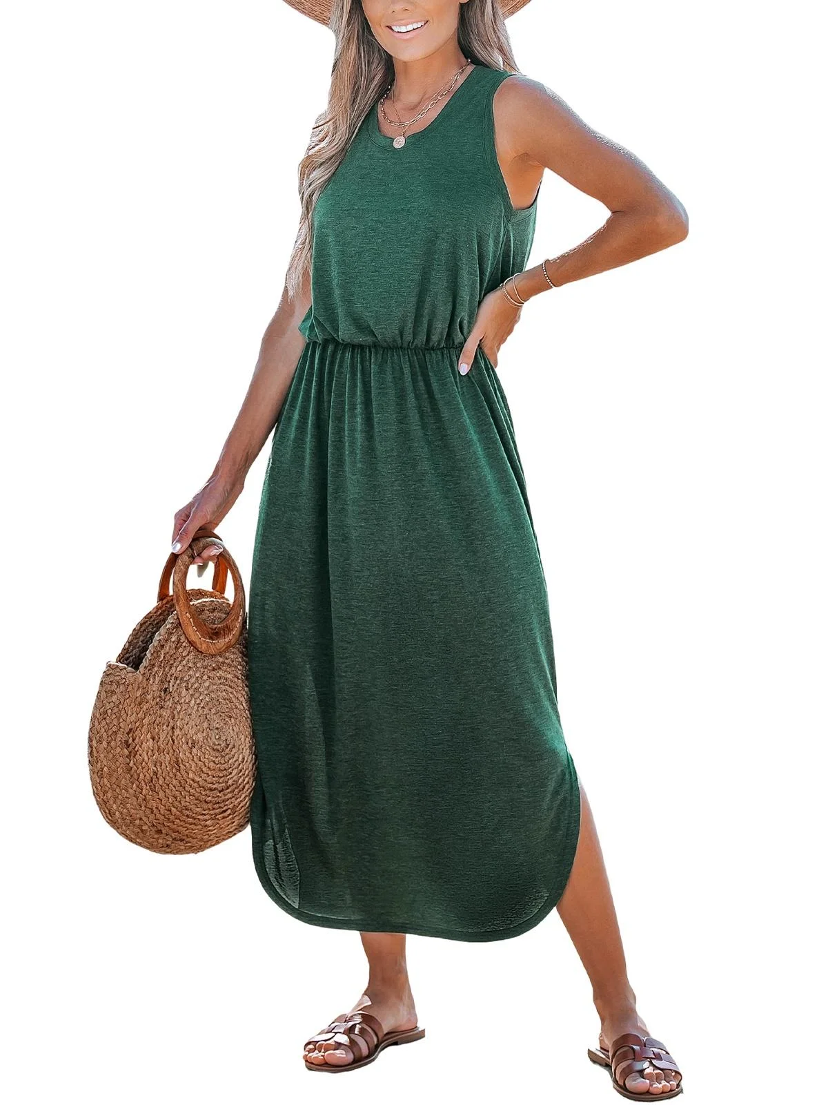 CUPSHE Women's Knit Beach Cover Up Dress Side Slit Elastic Waist Round Neck Summer Dresses Cover Ups