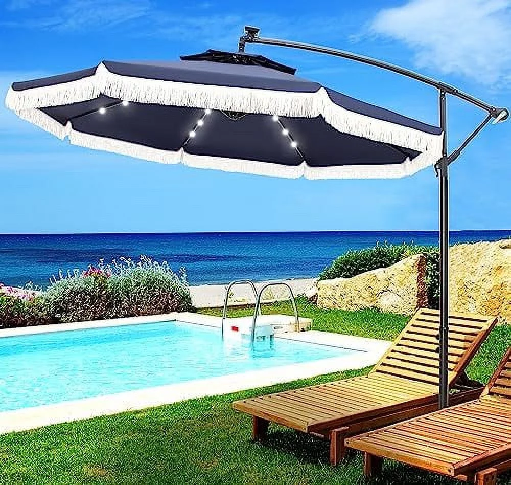 Patio Umbrella 10Ft Outdoor Offset Hanging Umbrella Solar 24 LED Lights With Fringe Tassel Easy Lift 99% UV Protection Fade Resistant Outdoor Umbrella Backyard Poolside Lawn Navy Blue