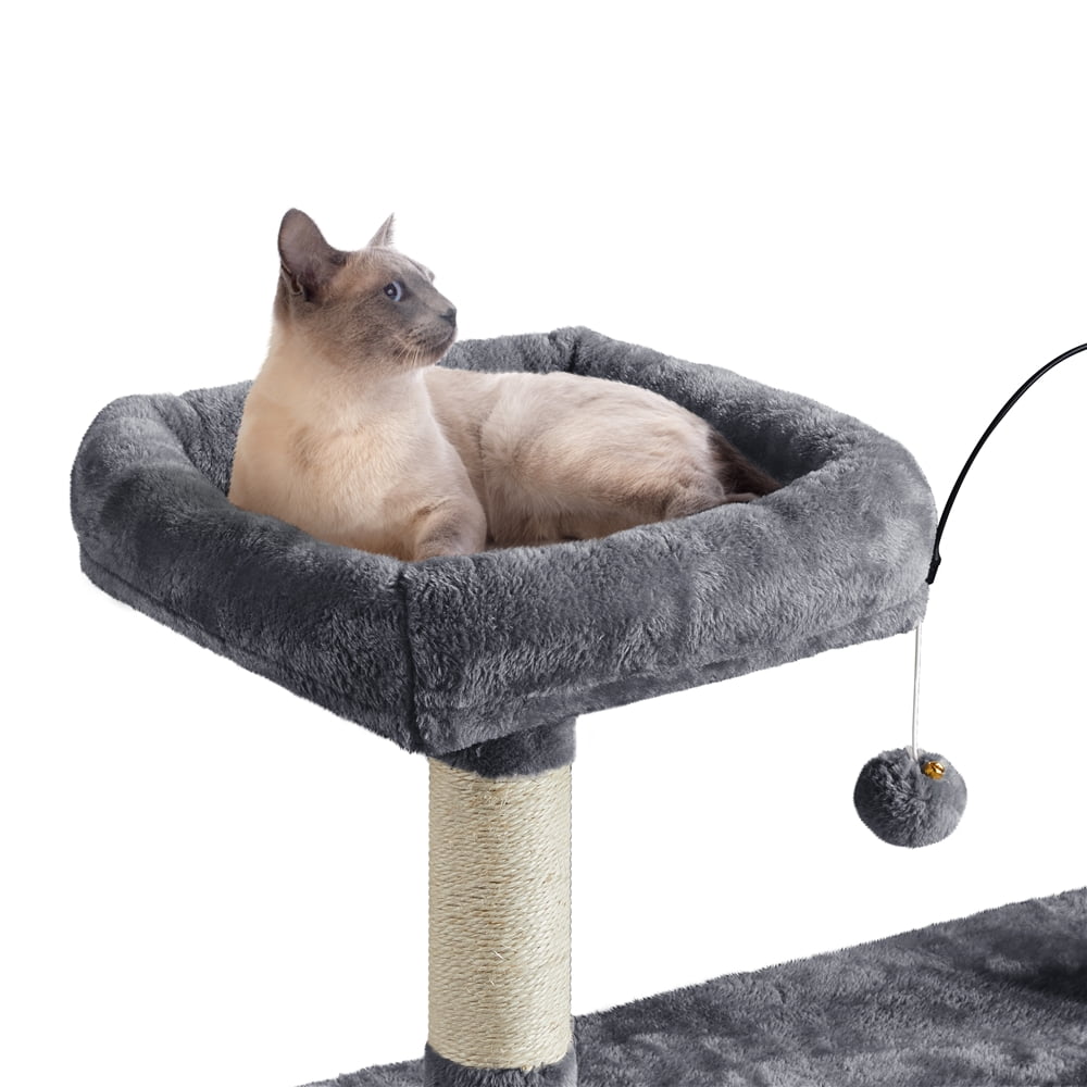 Easyfashion Multilevel Plush Cat Tree with Dangling Balls for Cats and Kittens, Dark Gray